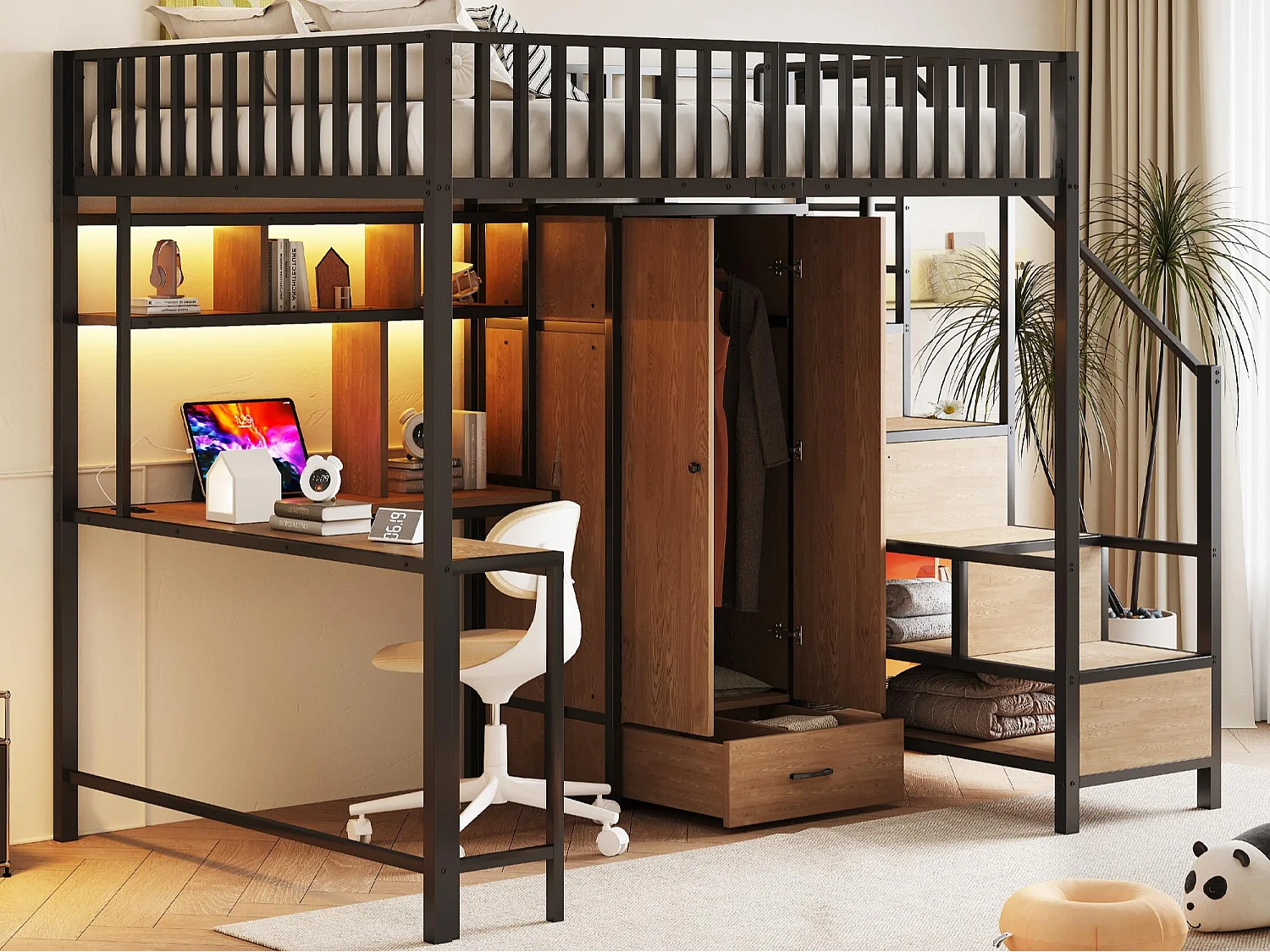 Lit mezzanine en métal 140x200 cm - avec armoire + 1 tiroir - avec échelle de rangement - avec prise de charge - avec éclairage LED - noir (matelas non inclus)