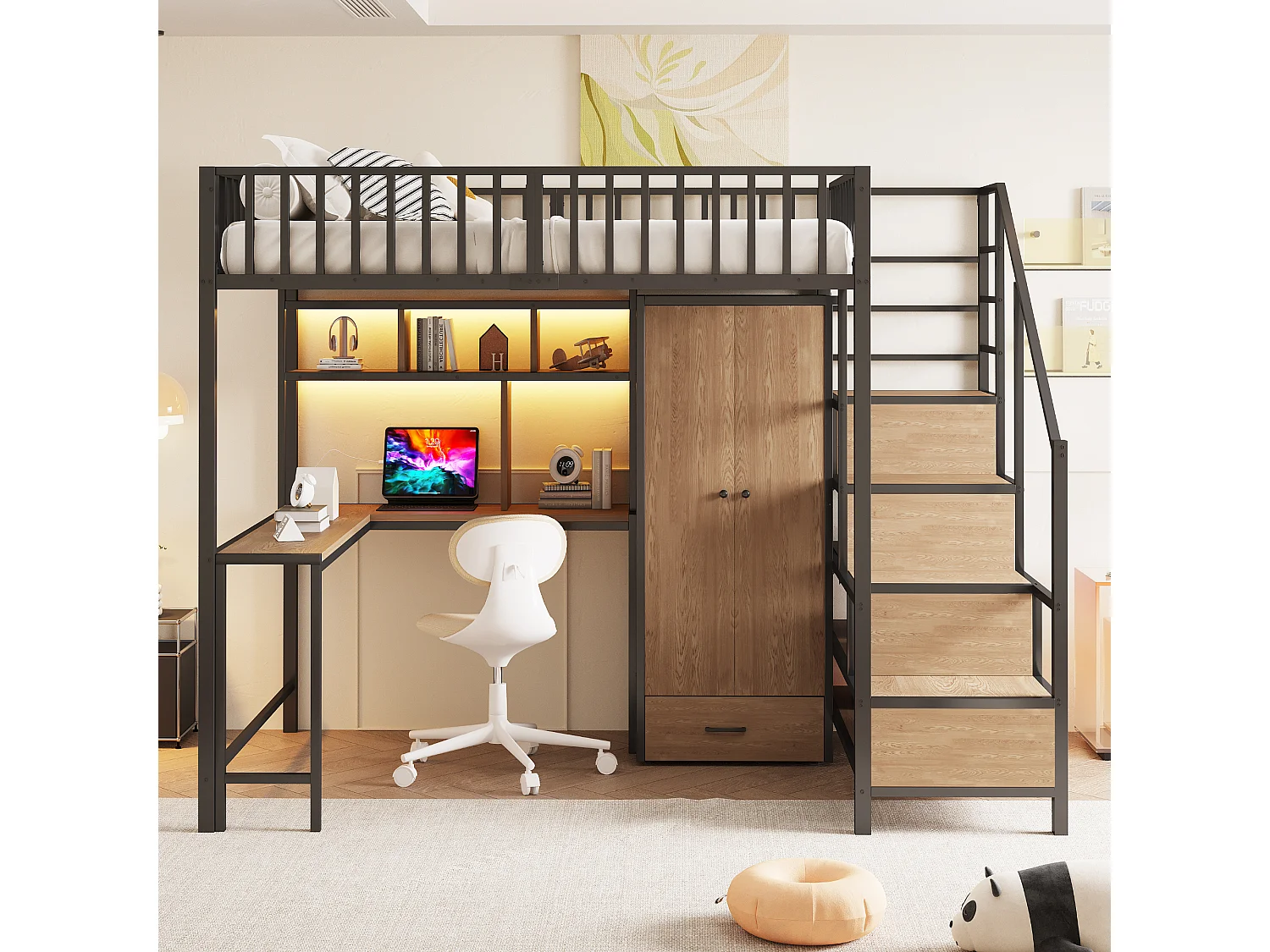 Lit mezzanine en métal 140x200 cm - avec armoire + 1 tiroir - avec échelle de rangement - avec prise de charge - avec éclairage LED - noir (matelas non inclus)