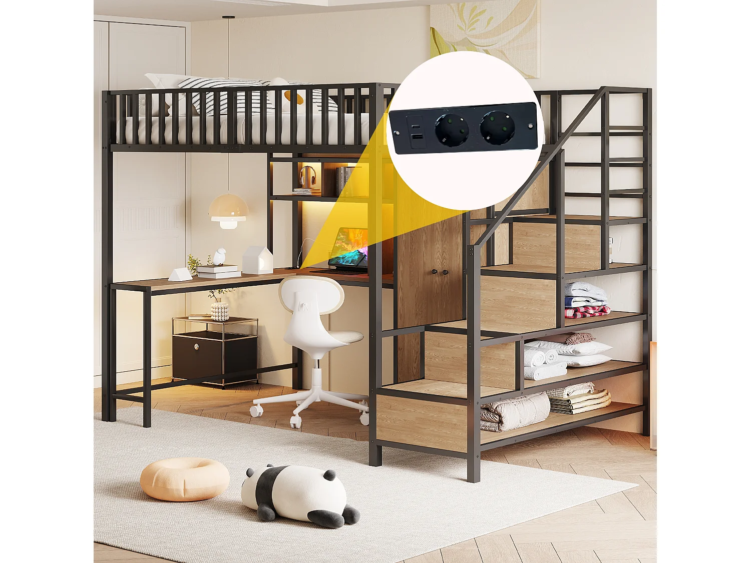 Lit mezzanine en métal 140x200 cm - avec armoire + 1 tiroir - avec échelle de rangement - avec prise de charge - avec éclairage LED - noir (matelas non inclus)