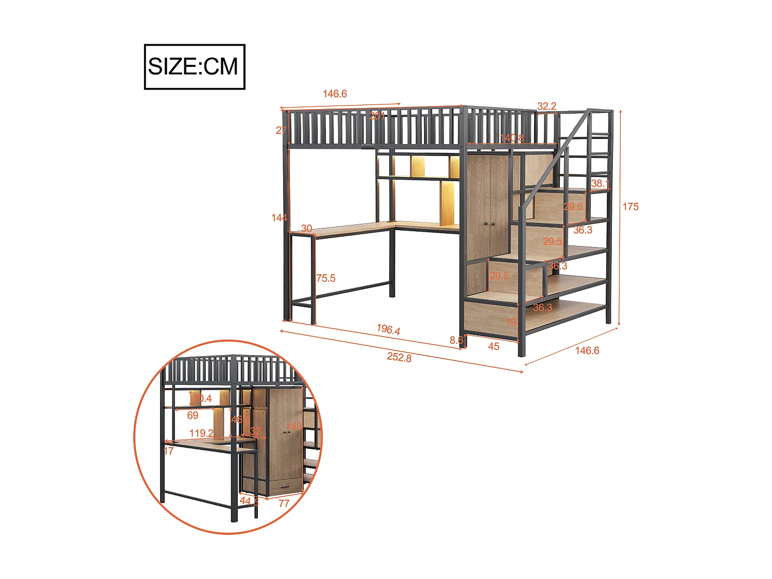 Lit mezzanine en métal 140x200 cm - avec armoire + 1 tiroir - avec échelle de rangement - avec prise de charge - avec éclairage LED - noir (matelas non inclus)