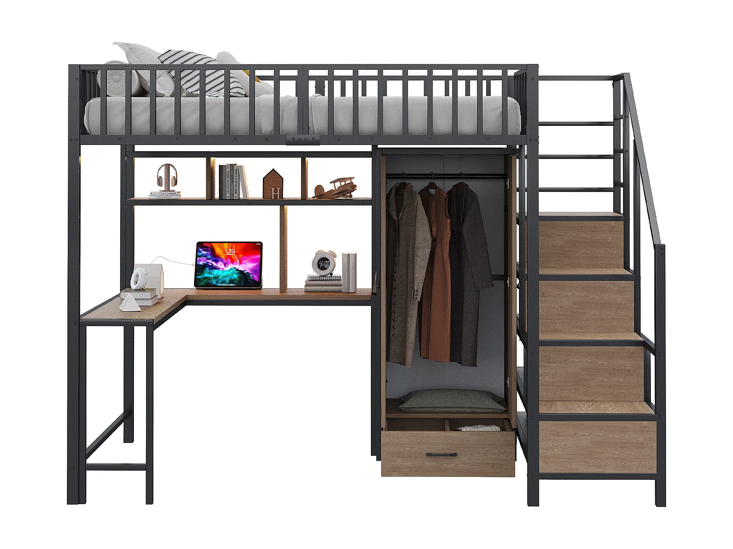 Lit mezzanine en métal 140x200 cm - avec armoire + 1 tiroir - avec échelle de rangement - avec prise de charge - avec éclairage LED - noir (matelas non inclus)