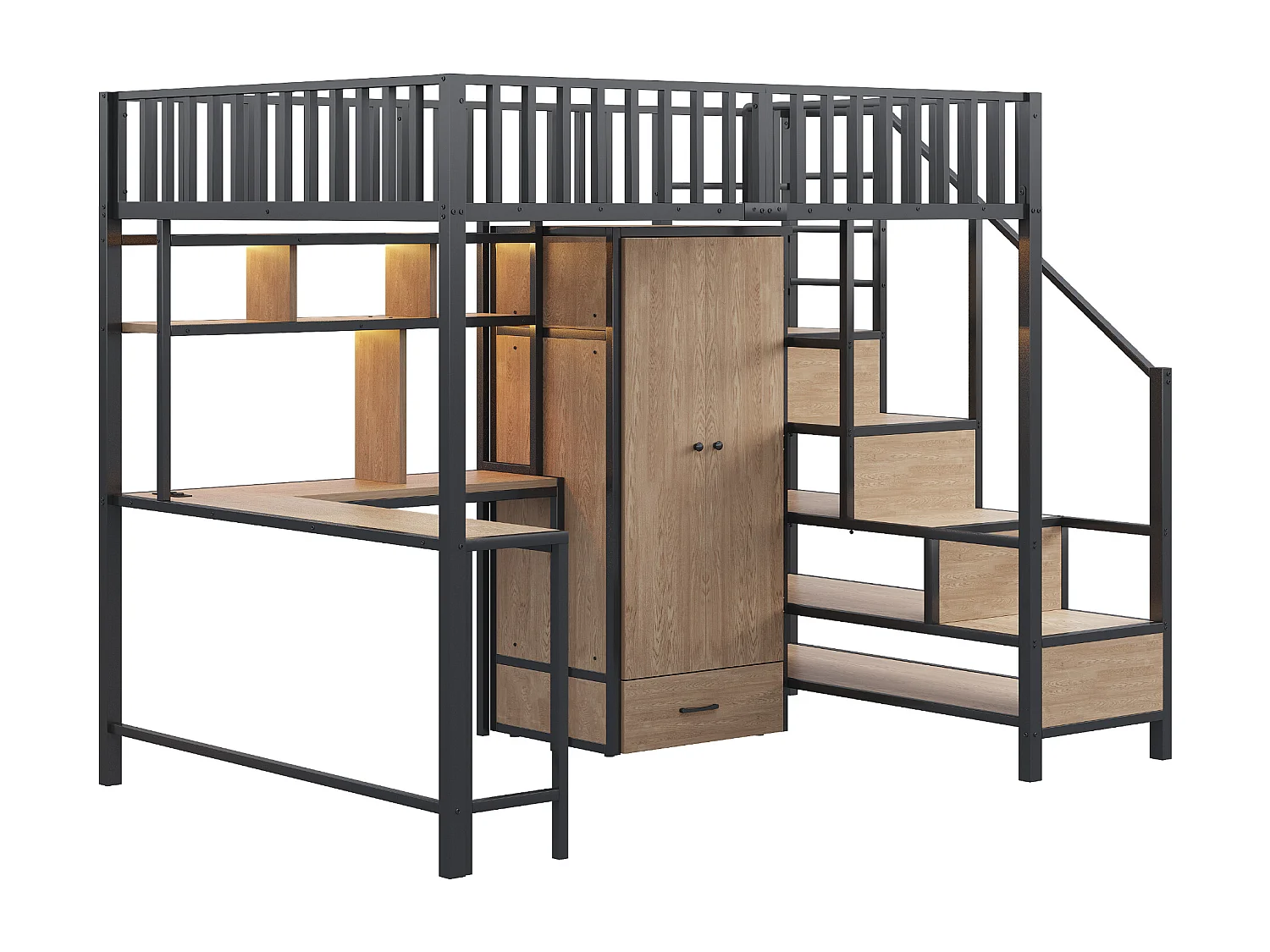 Lit mezzanine en métal 140x200 cm - avec armoire + 1 tiroir - avec échelle de rangement - avec prise de charge - avec éclairage LED - noir (matelas non inclus)