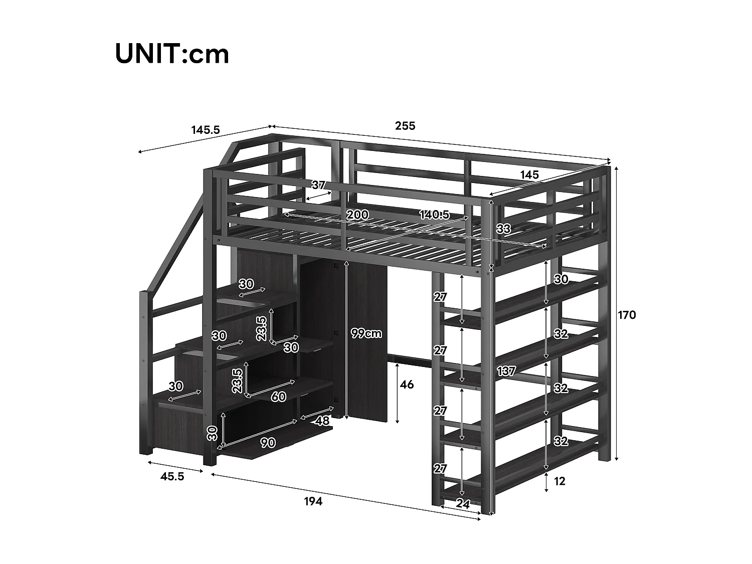 Lit mezzanine en métal 140x200cm - avec LED - échelle de rangement - avec armoire et étagères - Noir ( sans matelas)