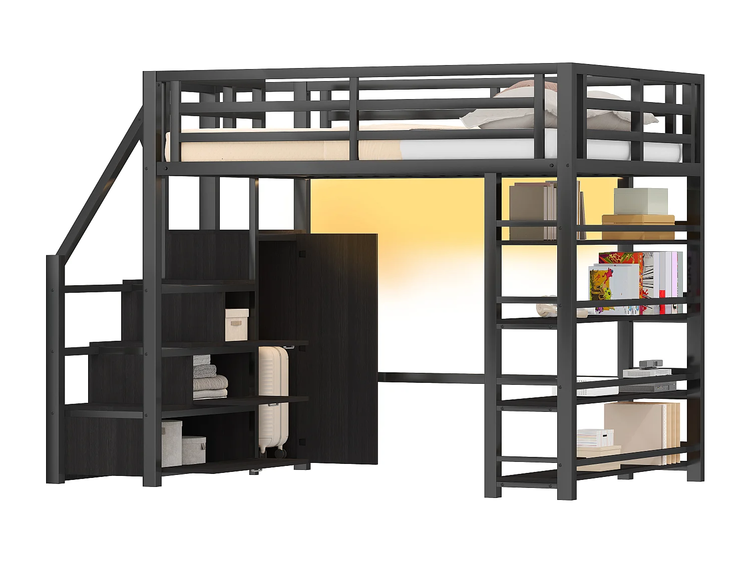 Lit mezzanine en métal 140x200cm - avec LED - échelle de rangement - avec armoire et étagères - Noir ( sans matelas)