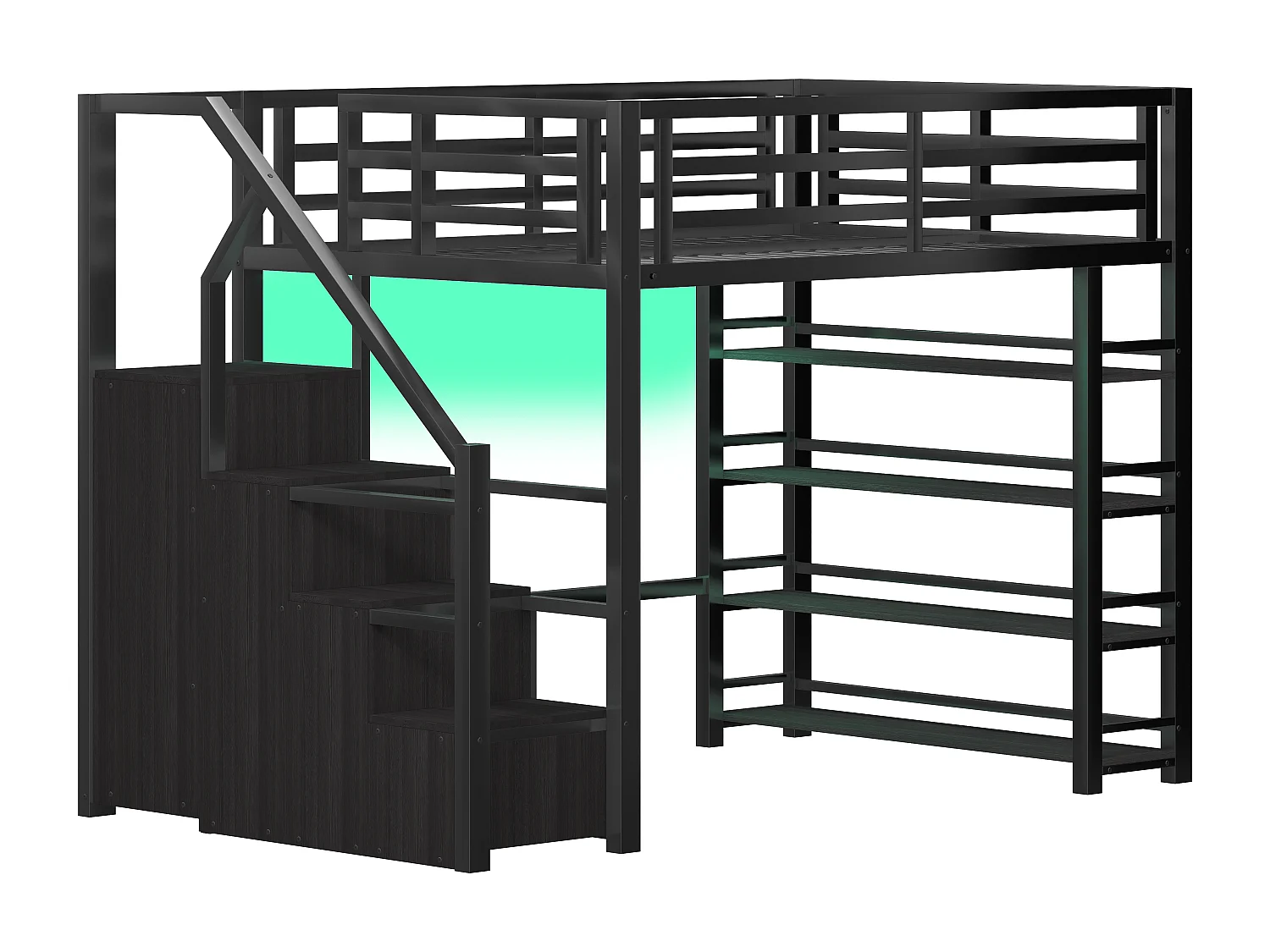 Lit mezzanine en métal 140x200cm - avec LED - échelle de rangement - avec armoire et étagères - Noir ( sans matelas)