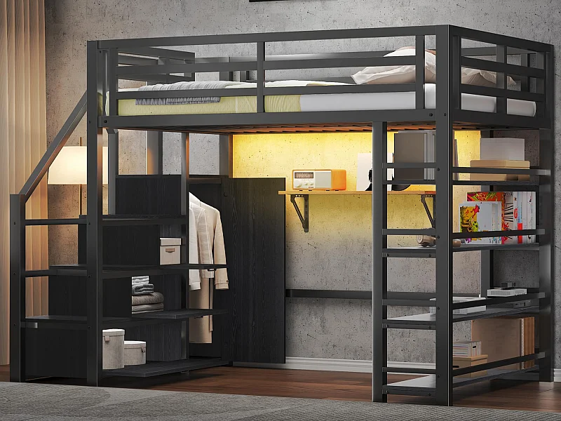 Lit mezzanine en métal 140x200cm - avec LED - échelle de rangement - avec armoire et étagères - Noir ( sans matelas)