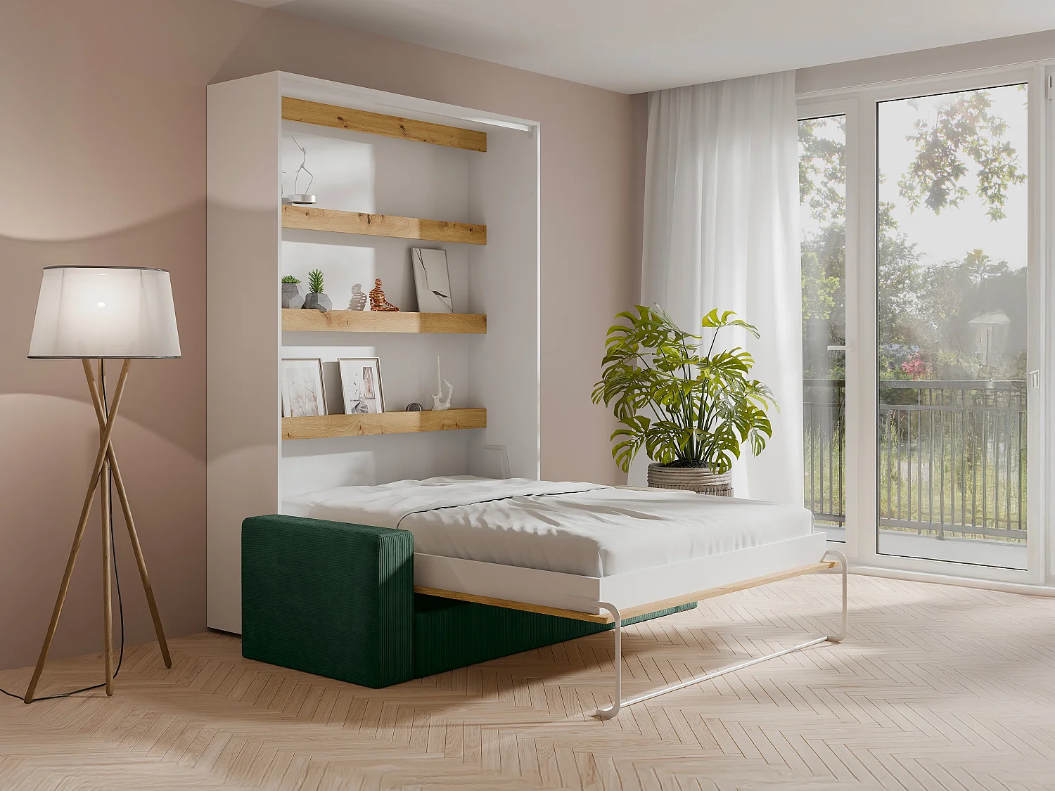 Lit escamotable 160 x 200 cm - Ouverture verticale manuelle - Avec LEDs - Blanc et naturel + Canapé Vert - RAPILI