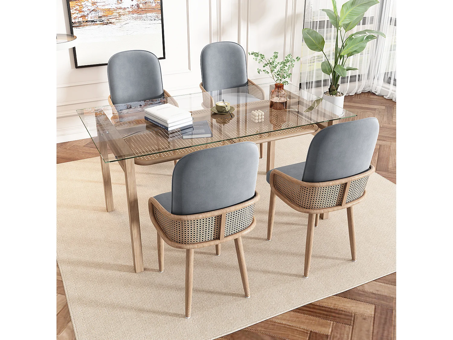 Lot de 2 chaises en velours avec pieds en métal - Design rotin - Gris et bois clair