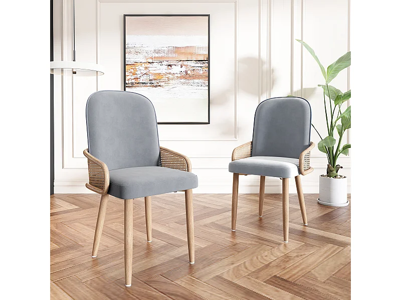 Lot de 2 chaises en velours avec pieds en métal - Design rotin - Gris et bois clair
