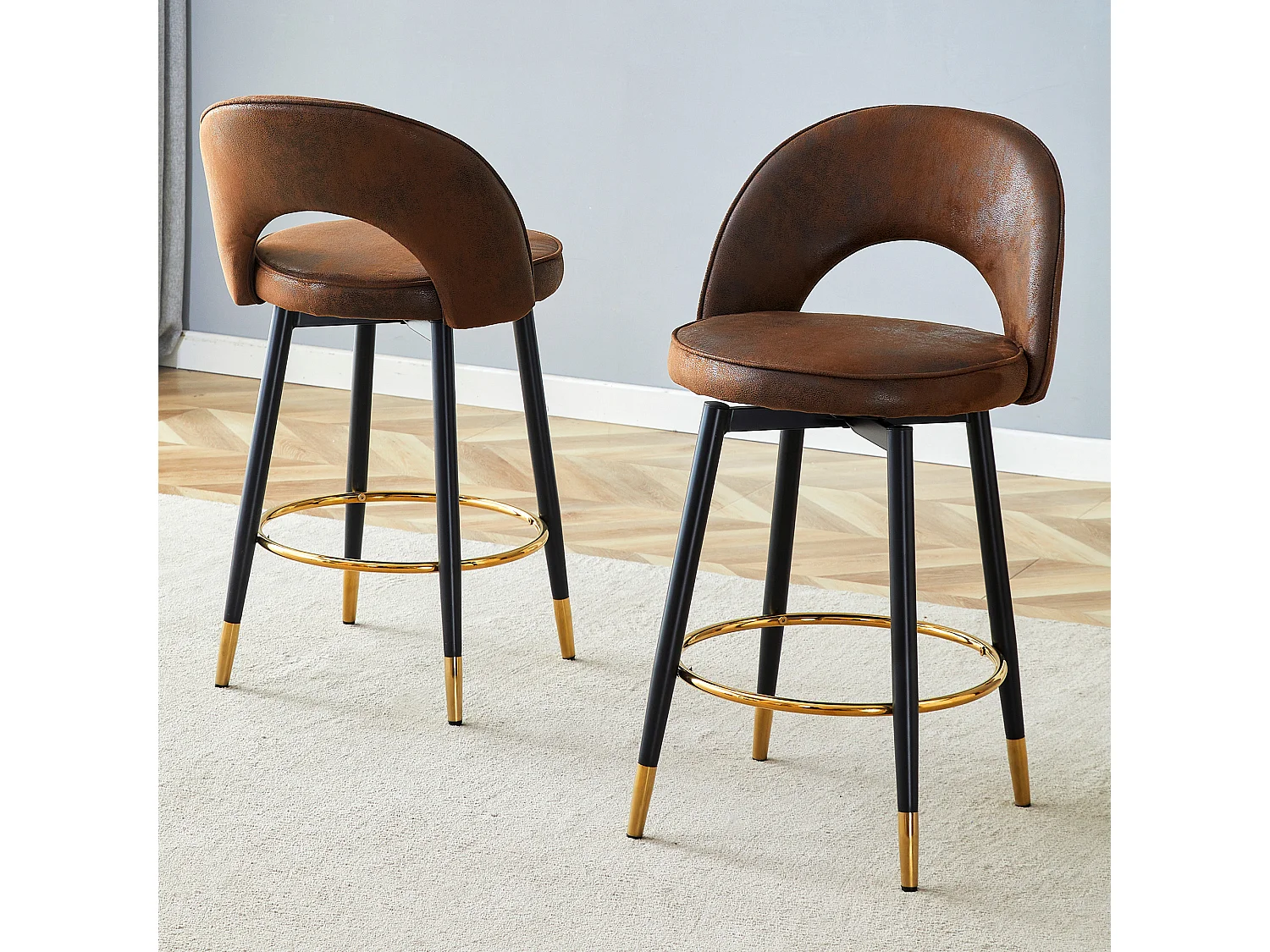 Lot de 2 tabourets de bar pivotant en tissu technique marron - Pieds en métal