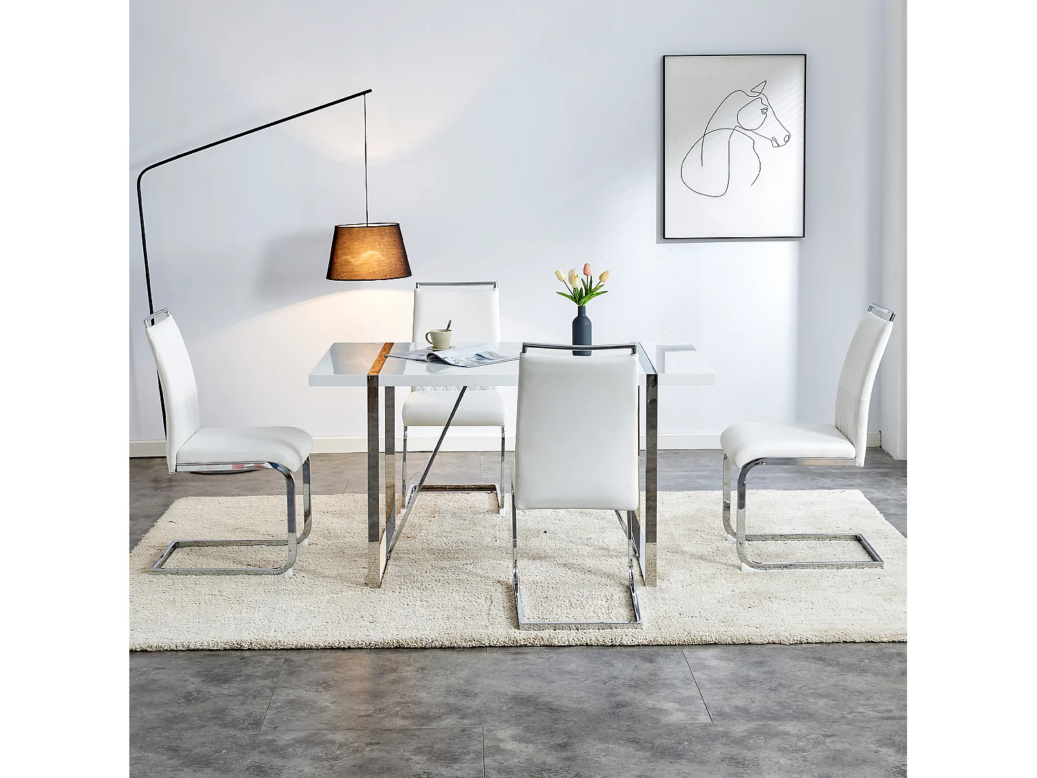 Lot de 4 chaises avec dossiers en similicuir et lin - Pieds en métal - Blanc