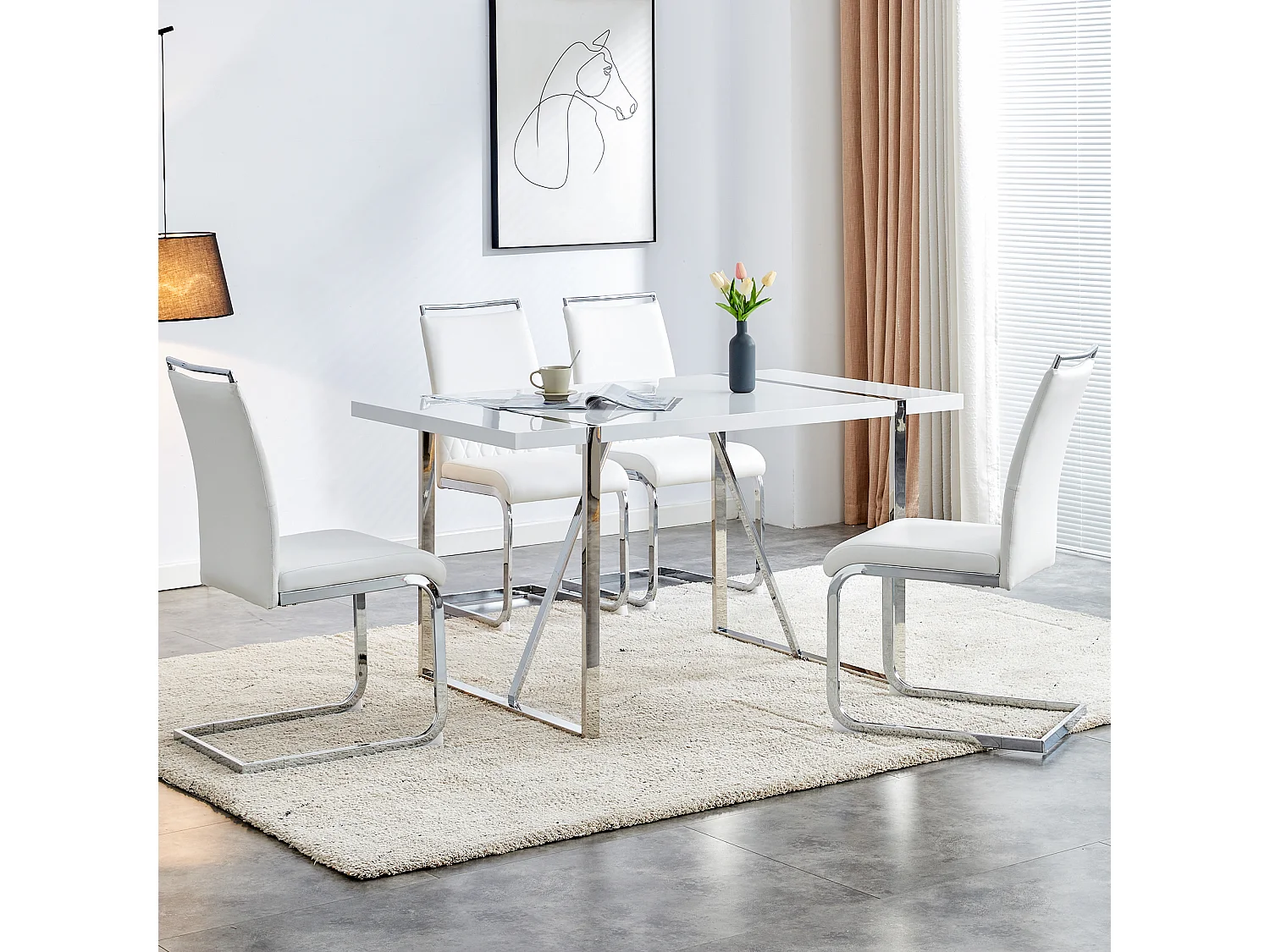 Lot de 4 chaises avec dossiers en similicuir et lin - Pieds en métal - Blanc