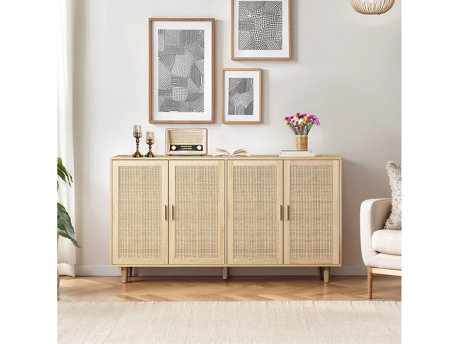 Buffet avec 4 portes en rotin - Bois en PB 158x40x88cm - Naturel clair