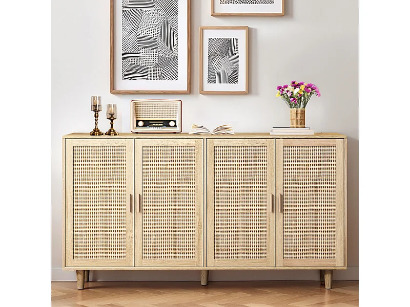 Buffet avec 4 portes en rotin - Bois en PB 158x40x88cm - Naturel clair