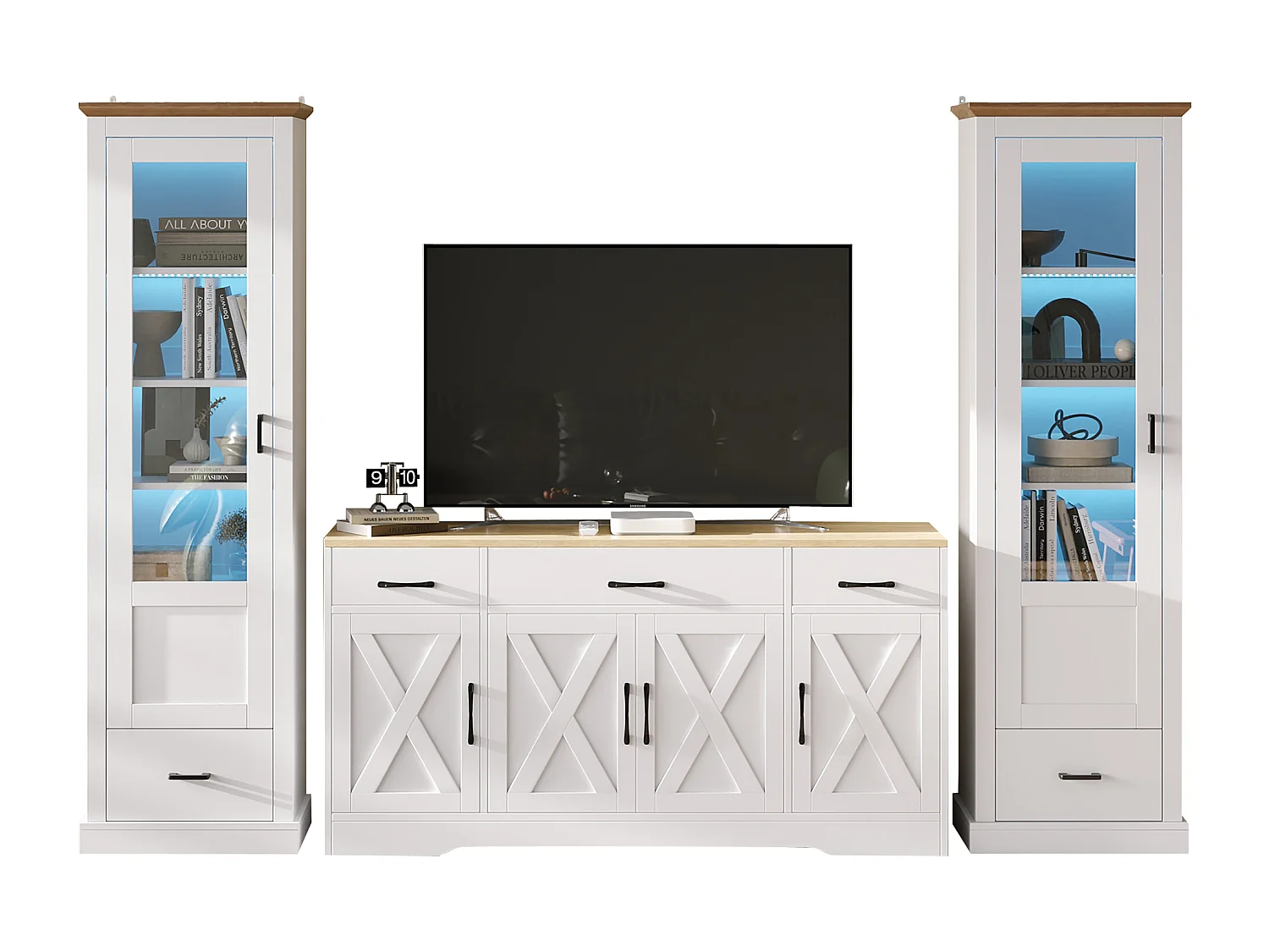 Ensemble Salon Meuble TV + 2 Vitrine LEDs avec porte en acrylique - Blanc