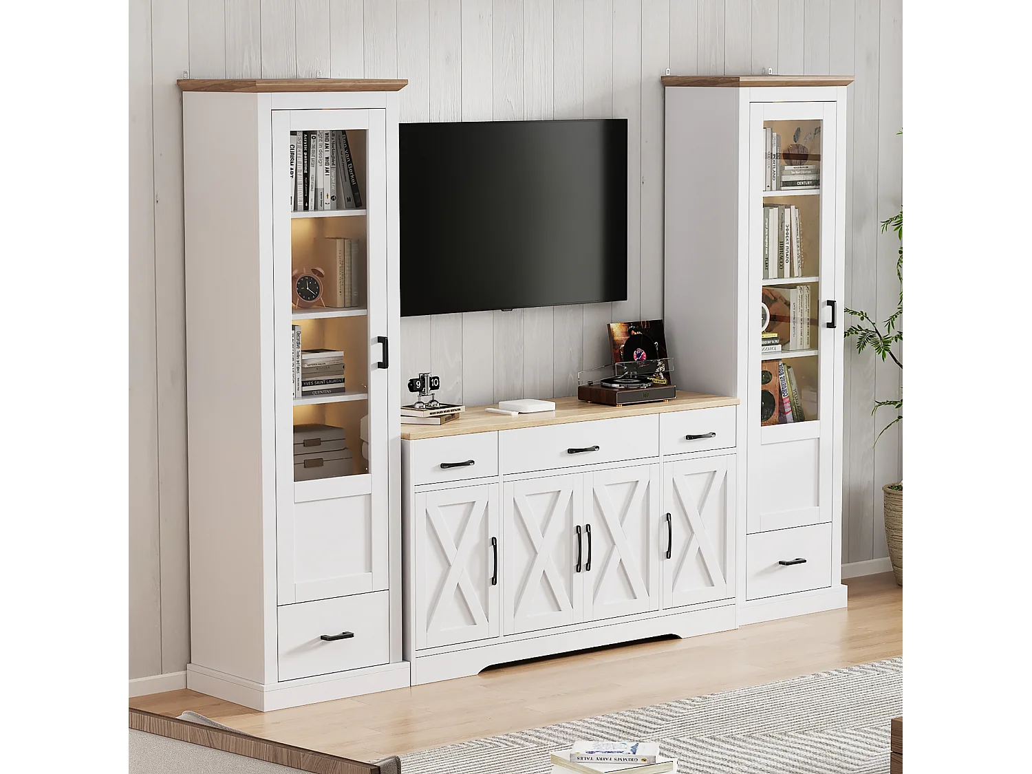 Ensemble Salon Meuble TV + 2 Vitrine LEDs avec porte en acrylique - Blanc