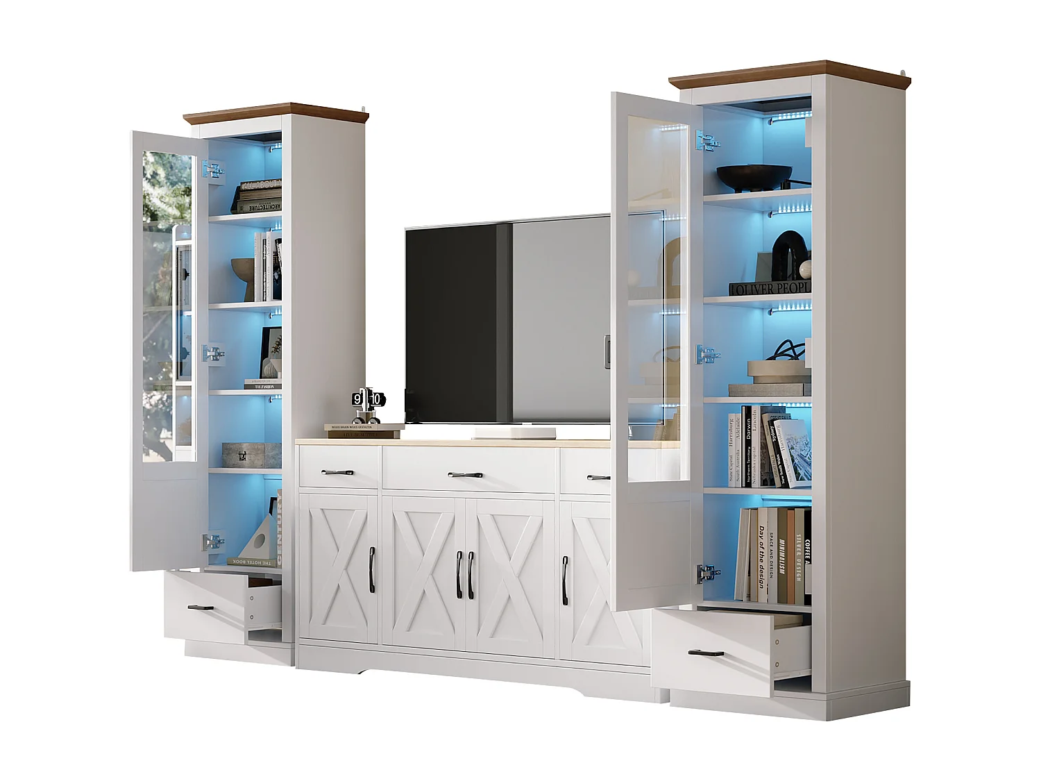 Ensemble Salon Meuble TV + 2 Vitrine LEDs avec porte en acrylique - Blanc
