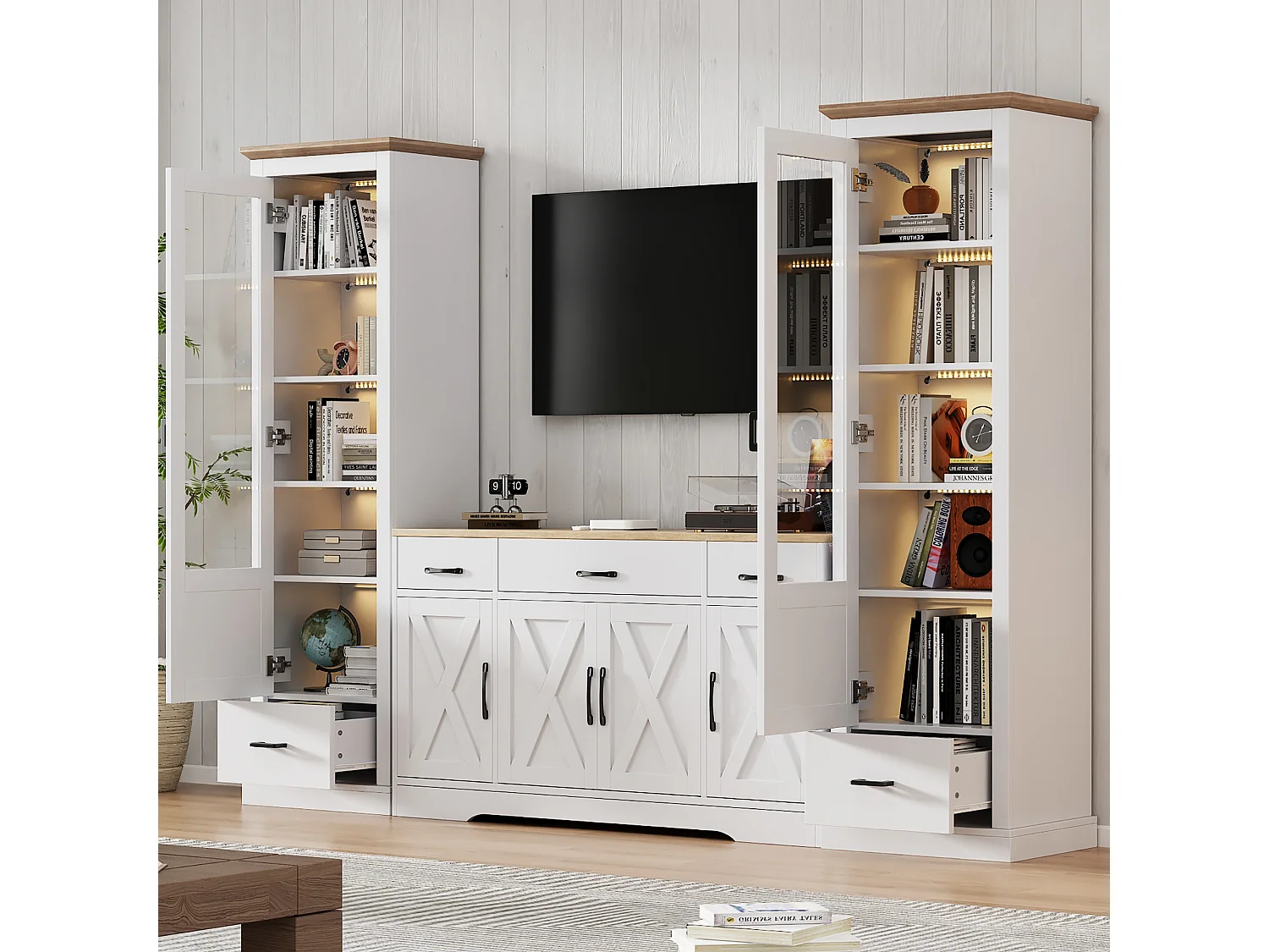 Ensemble Salon Meuble TV + 2 Vitrine LEDs avec porte en acrylique - Blanc