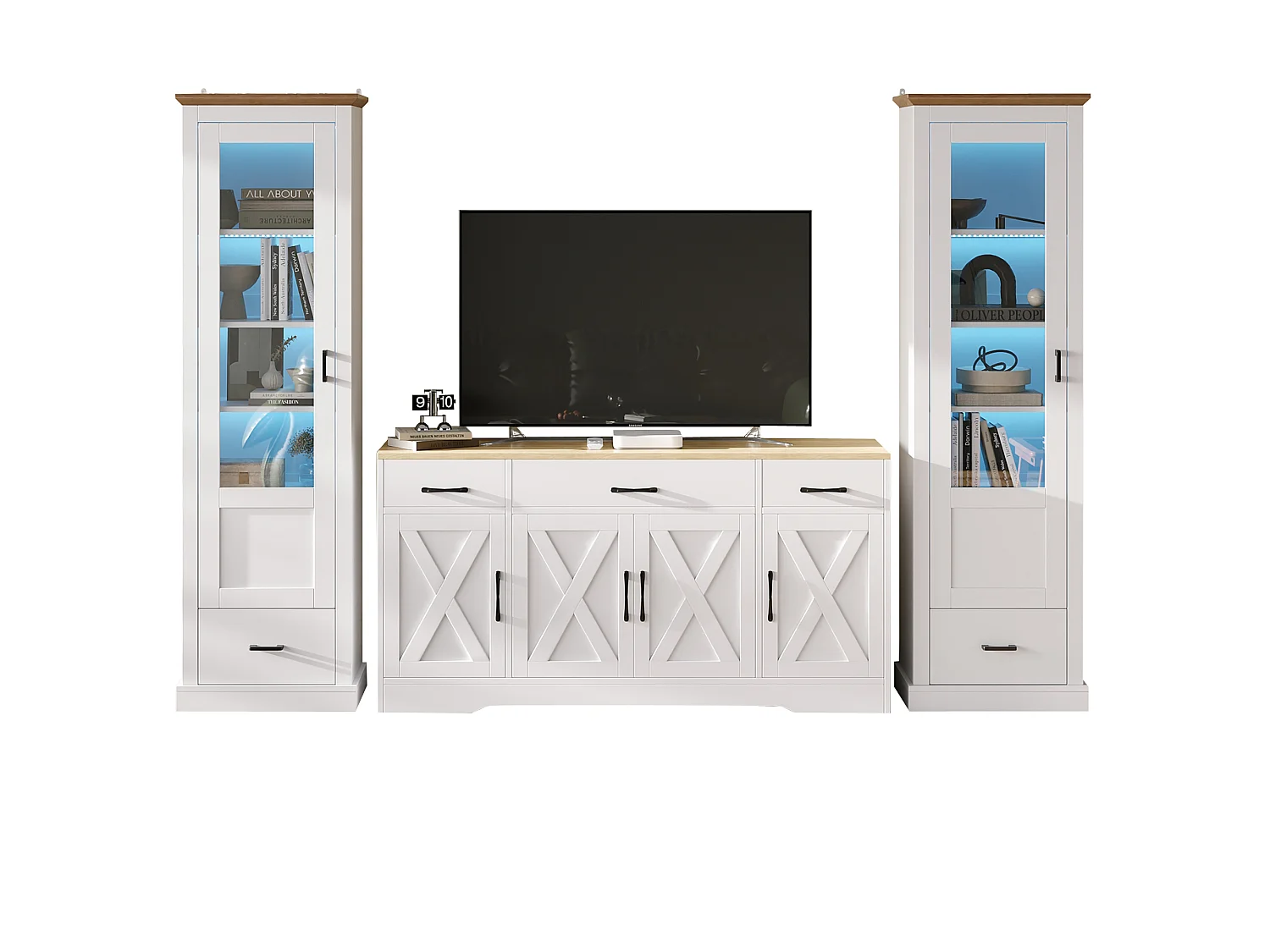 Ensemble Salon Meuble TV + 2 Vitrine LEDs avec porte en acrylique - Blanc