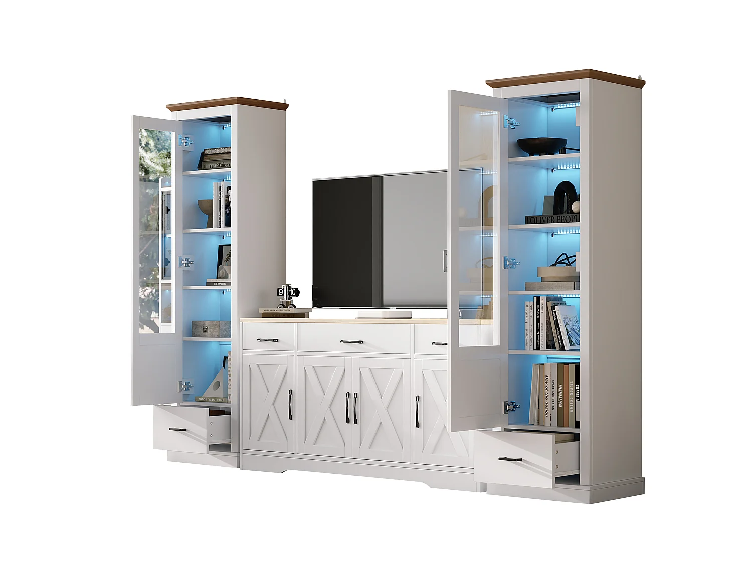 Ensemble Salon Meuble TV + 2 Vitrine LEDs avec porte en acrylique - Blanc