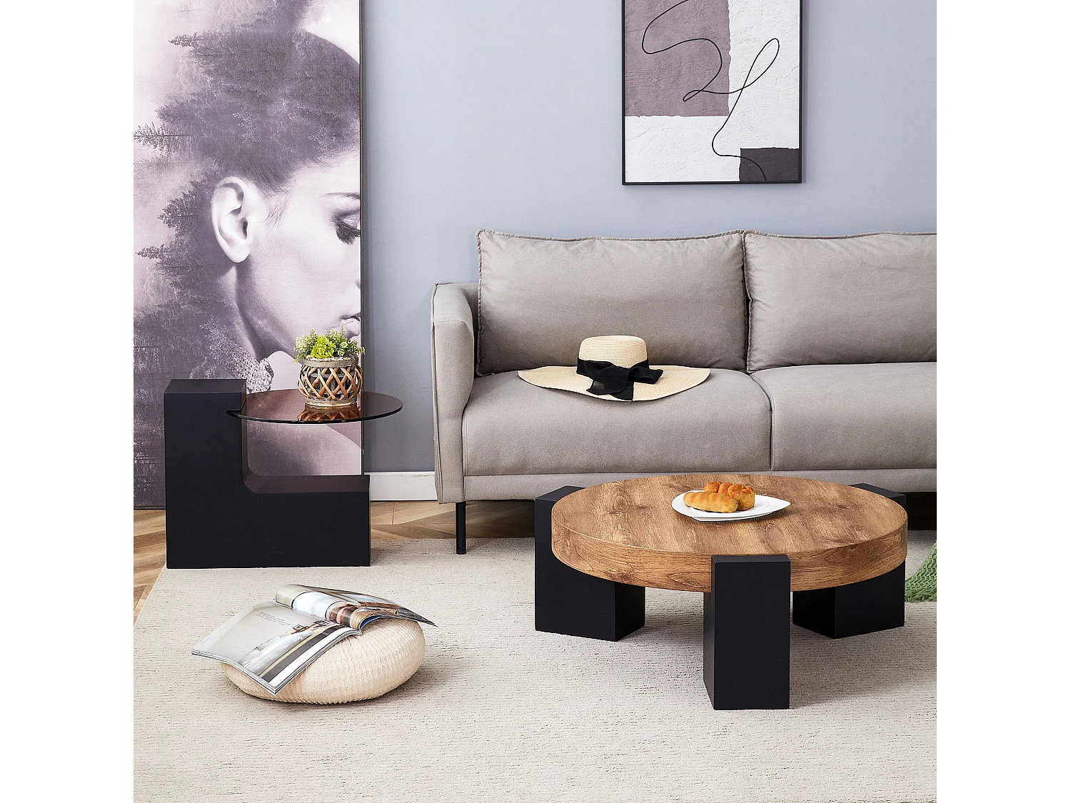 Set van 2 salontafels - Ronde tafels met houtnerfstructuur - MDF-hout + glas - Hout en zwart