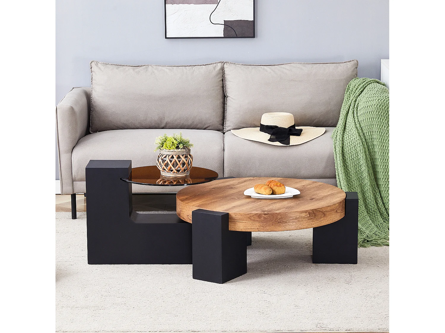 Set van 2 salontafels - Ronde tafels met houtnerfstructuur - MDF-hout + glas - Hout en zwart