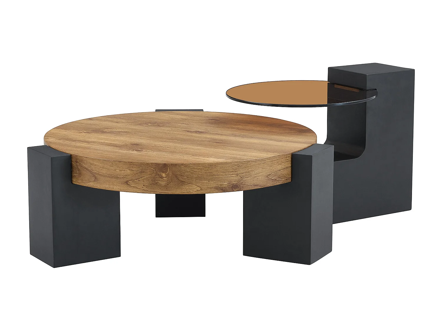 Set van 2 salontafels - Ronde tafels met houtnerfstructuur - MDF-hout + glas - Hout en zwart