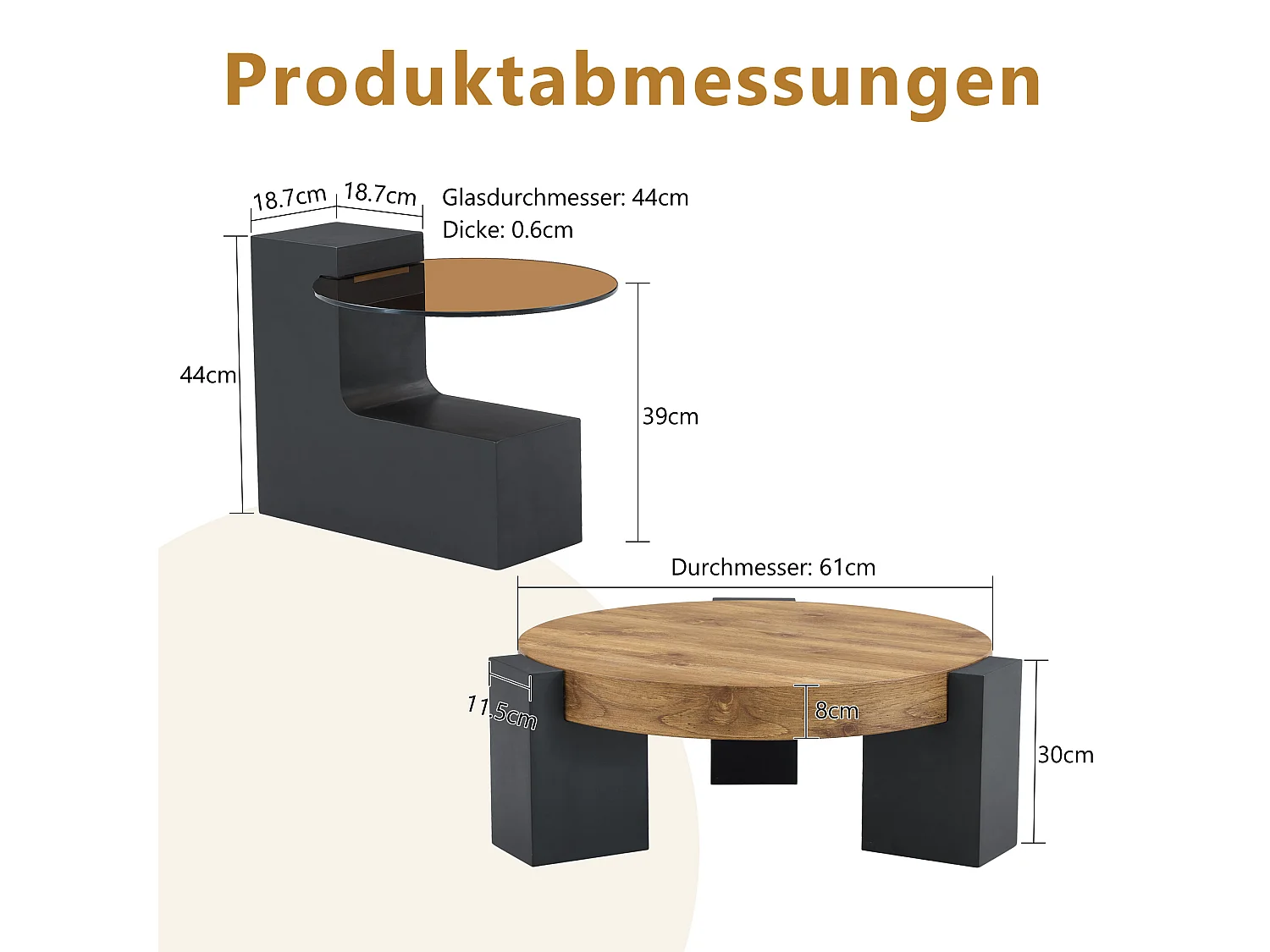 Set van 2 salontafels - Ronde tafels met houtnerfstructuur - MDF-hout + glas - Hout en zwart