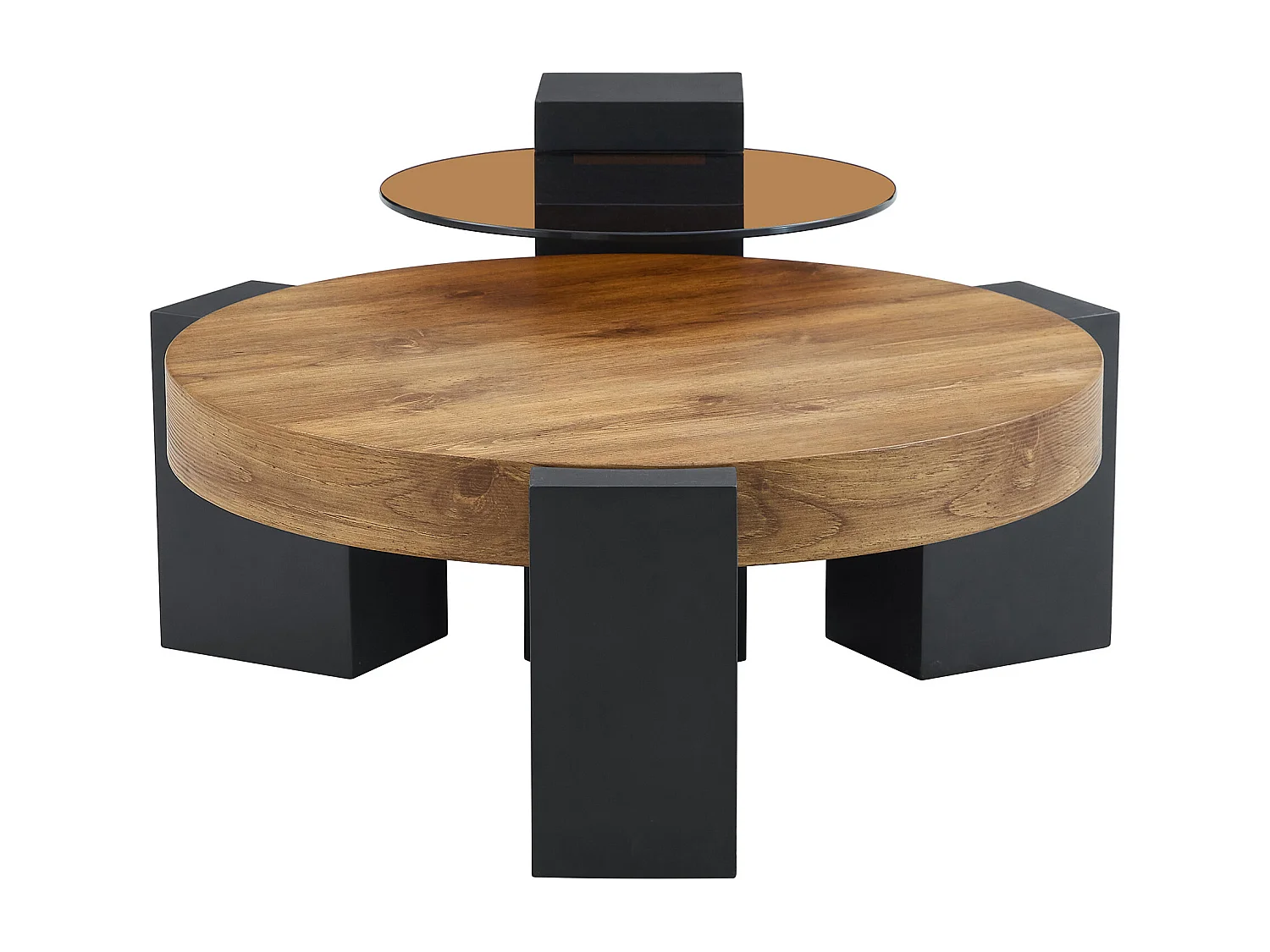 Set van 2 salontafels - Ronde tafels met houtnerfstructuur - MDF-hout + glas - Hout en zwart