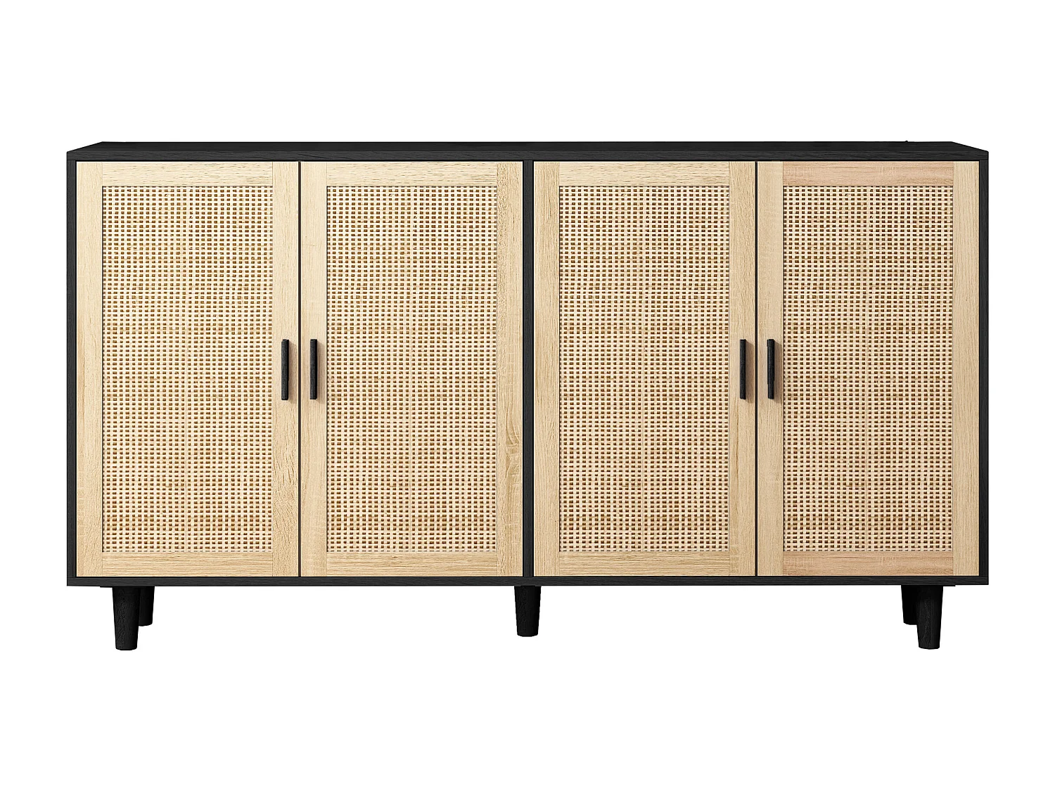Buffet avec 4 portes en rotin - Bois en PB 158x40x88cm - Noir et naturel clair