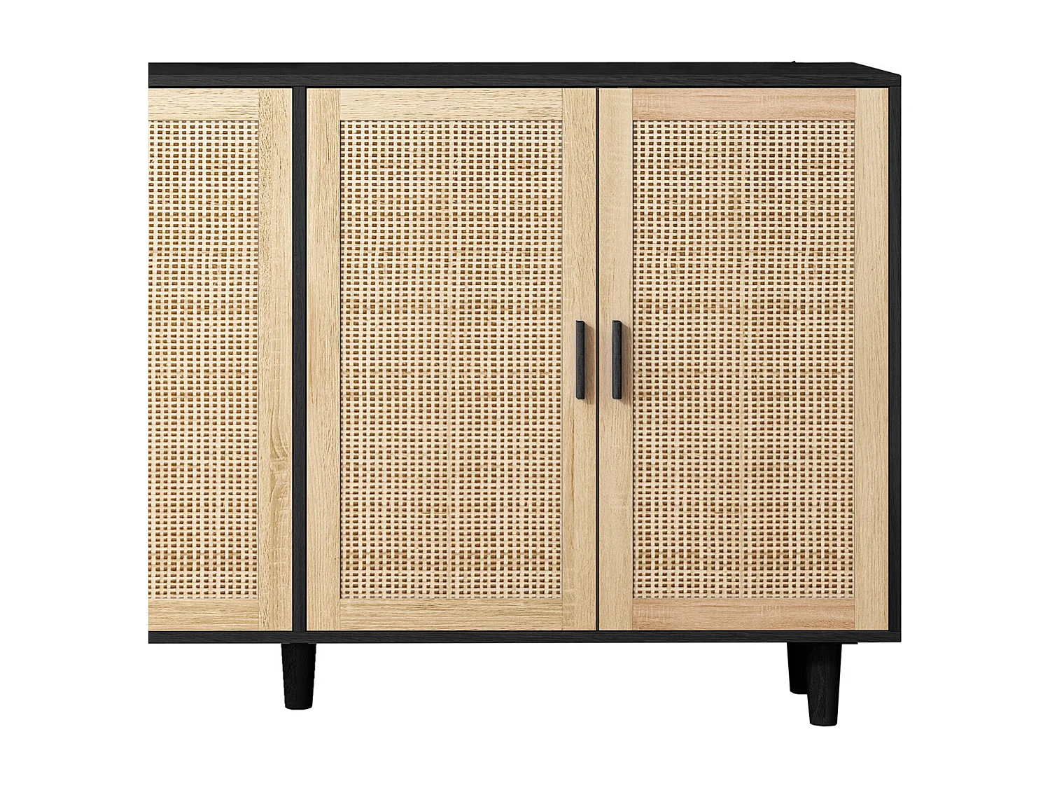 Buffet avec 4 portes en rotin - Bois en PB 158x40x88cm - Noir et naturel clair