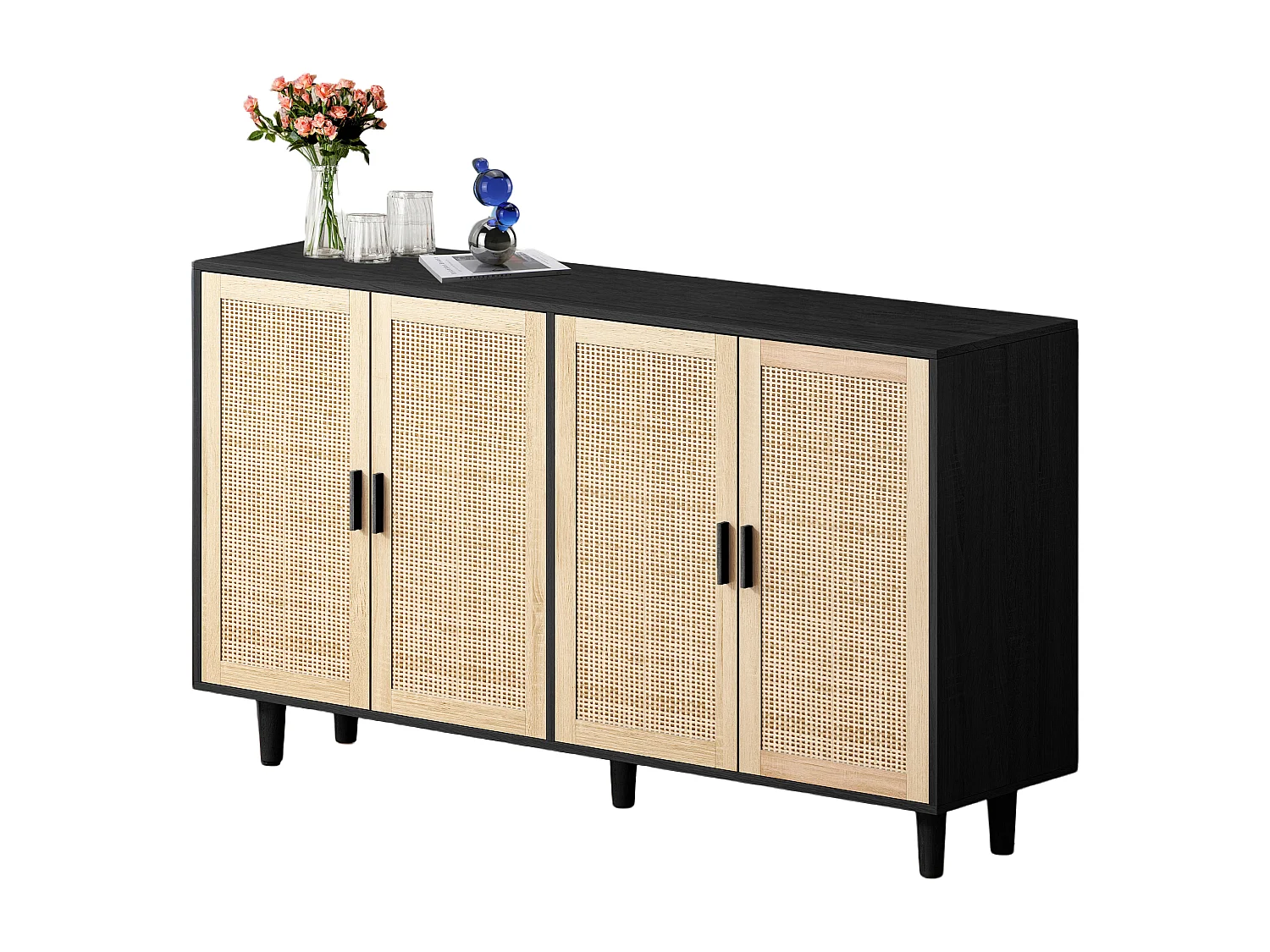 Buffet avec 4 portes en rotin - Bois en PB 158x40x88cm - Noir et naturel clair