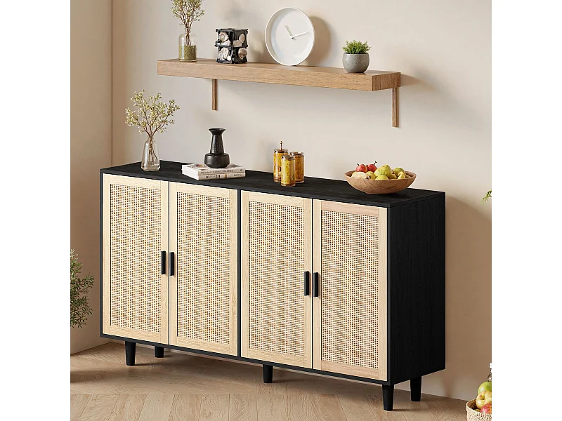 Buffet avec 4 portes en rotin - Bois en PB 158x40x88cm - Noir et naturel clair