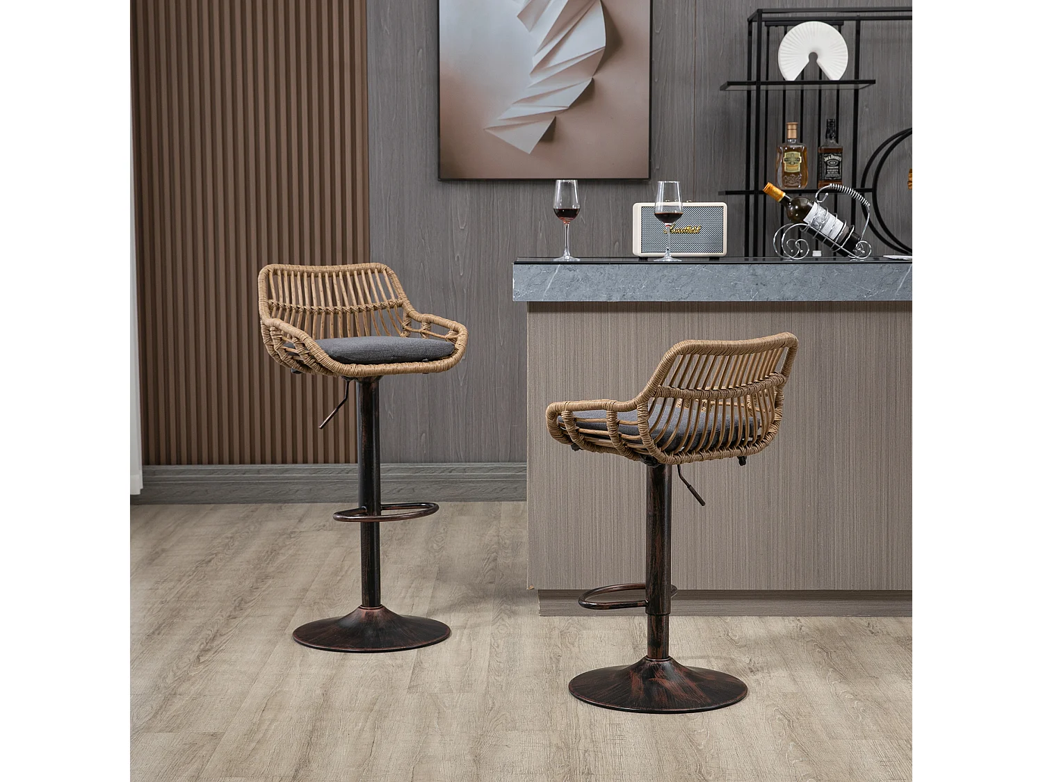 Lot de 2 tabourets réglables - Cadre en métal et dossier en rotin - Coussin gris en lin