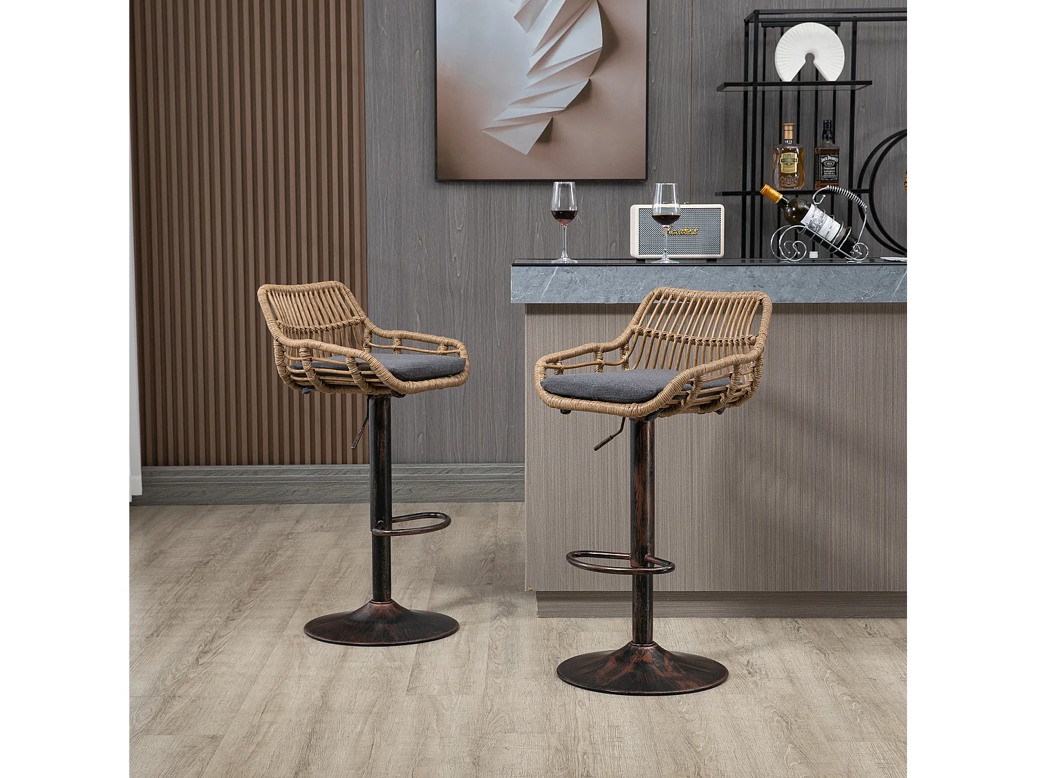 Lot de 2 tabourets réglables - Cadre en métal et dossier en rotin - Coussin gris en lin