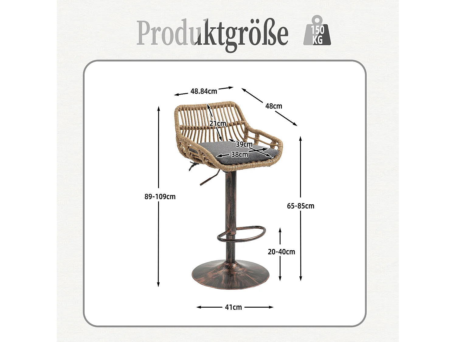 Lot de 2 tabourets réglables - Cadre en métal et dossier en rotin - Coussin gris en lin