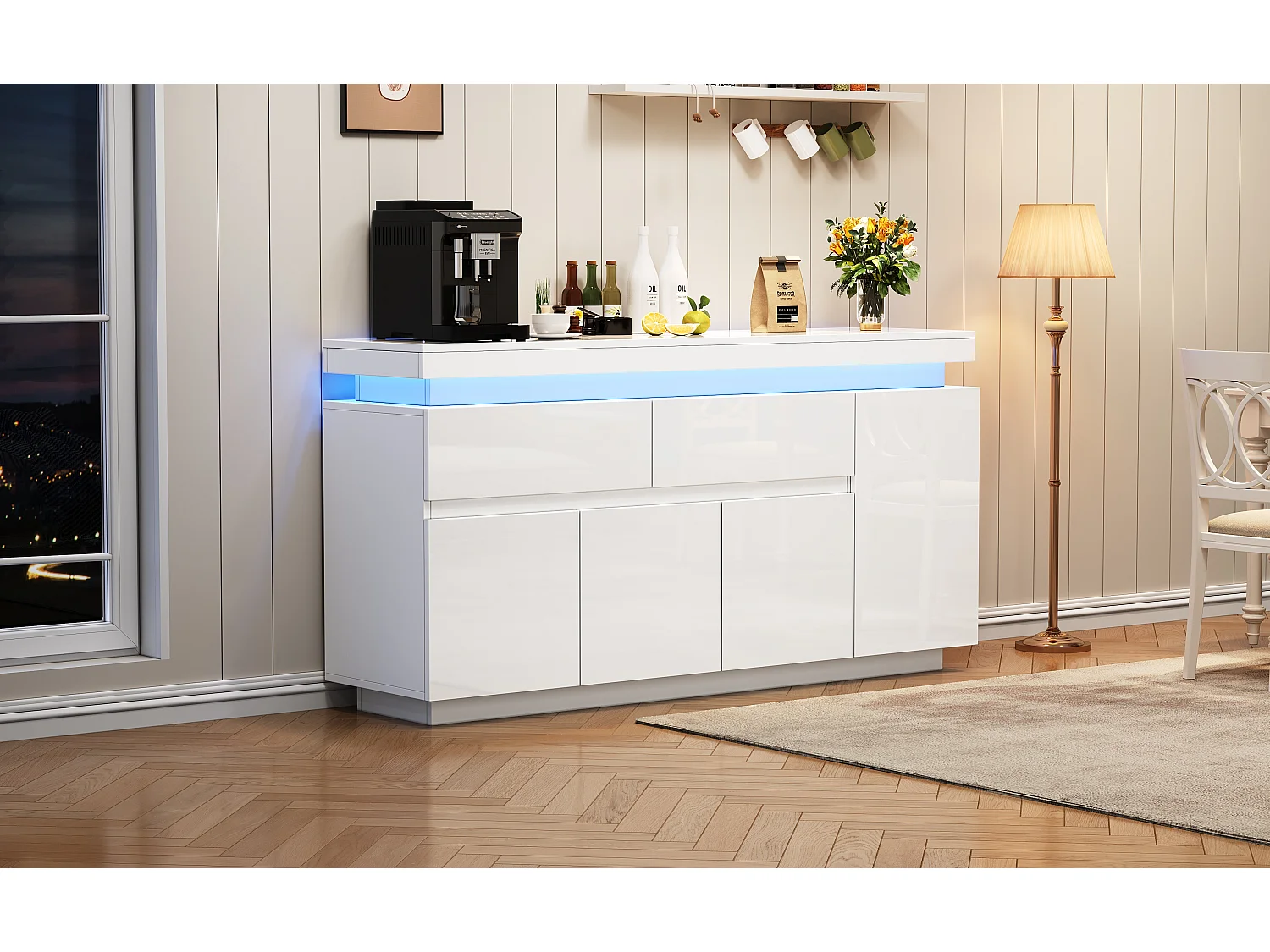 Credenza con illuminazione LED, 4 ante e 2 cassetti - Finitura bianco lucido 140x35x72,5 cm