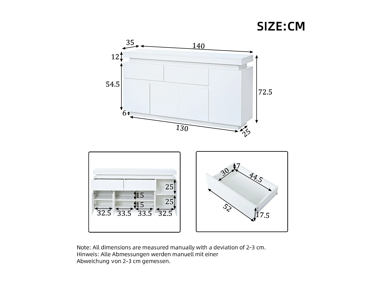 Credenza con illuminazione LED, 4 ante e 2 cassetti - Finitura bianco lucido 140x35x72,5 cm