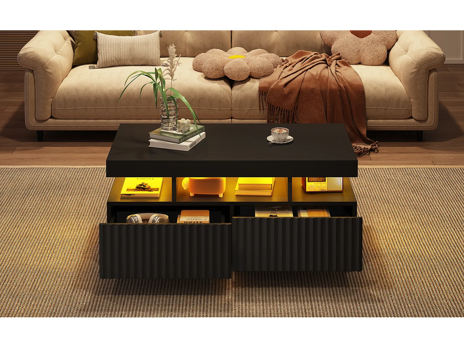 Table basse 100 x 50 x 45 cm avec 2 tiroirs et LED - Noir
