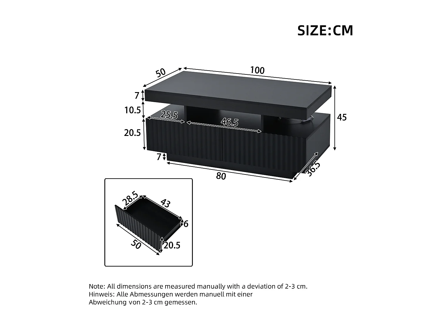 Table basse 100 x 50 x 45 cm avec 2 tiroirs et LED - Noir