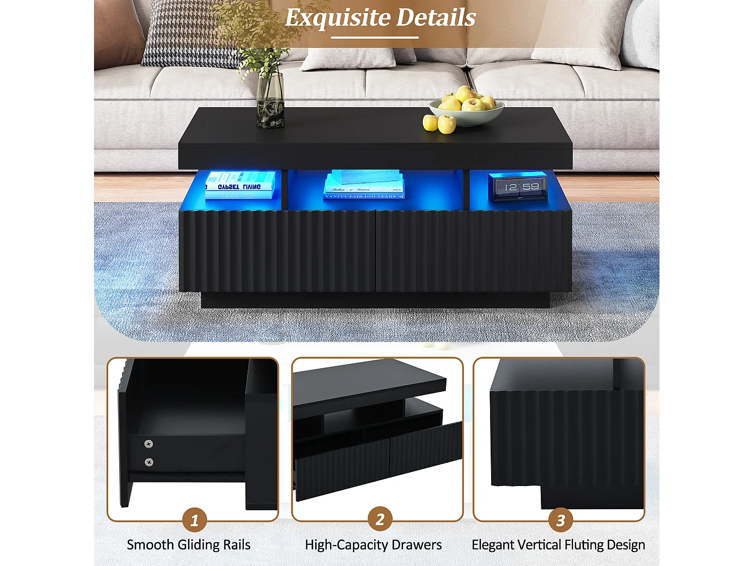 Table basse 100 x 50 x 45 cm avec 2 tiroirs et LED - Noir