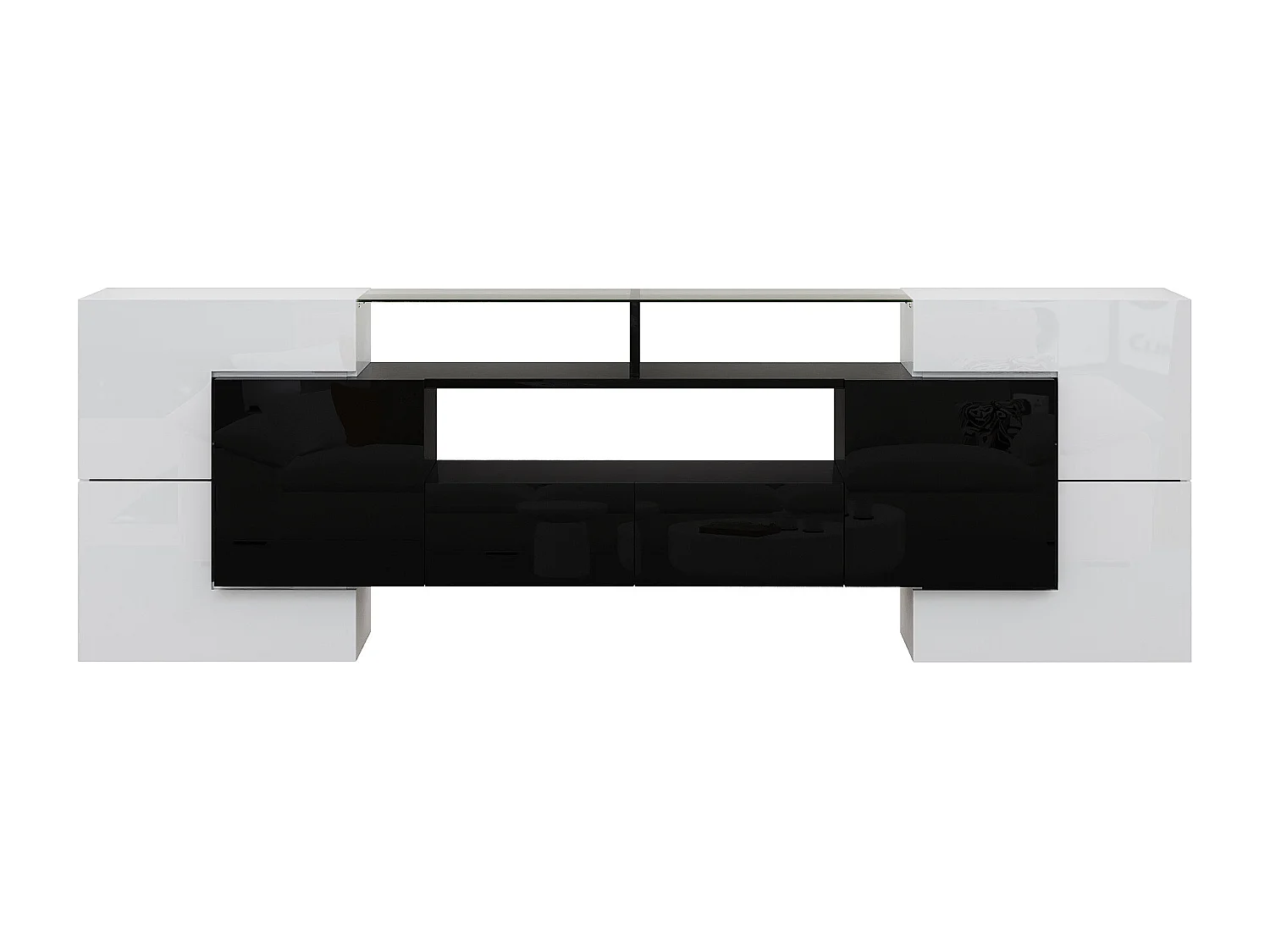 TV-meubel met LED-verlichting, 6 deuren en 2 lades - Wit en zwart gelakte afwerking