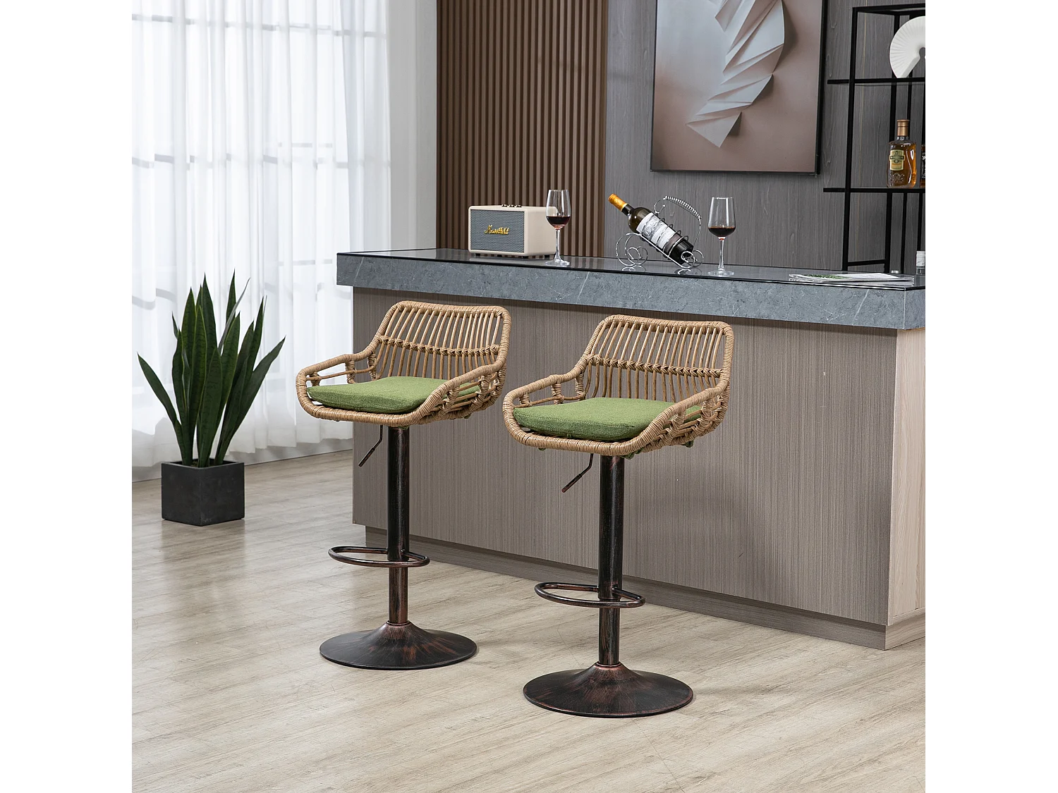 Lot de 2 tabourets réglables - Cadre en métal et dossier en rotin - Coussin vert en lin