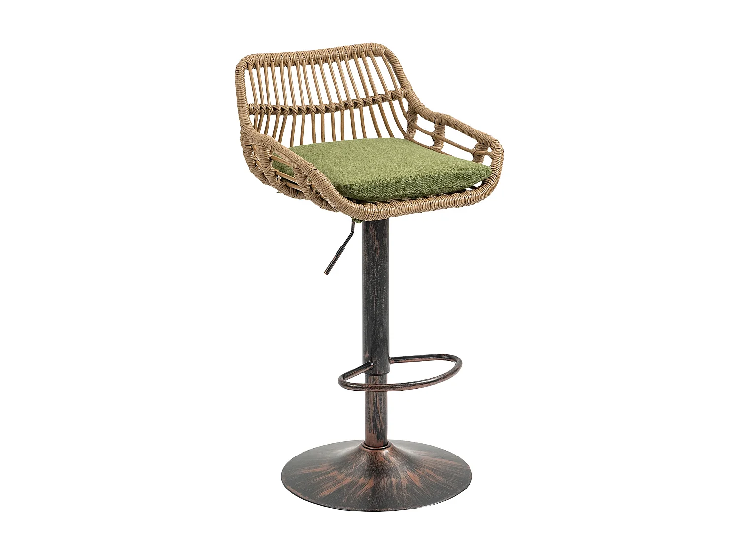 Lot de 2 tabourets réglables - Cadre en métal et dossier en rotin - Coussin vert en lin