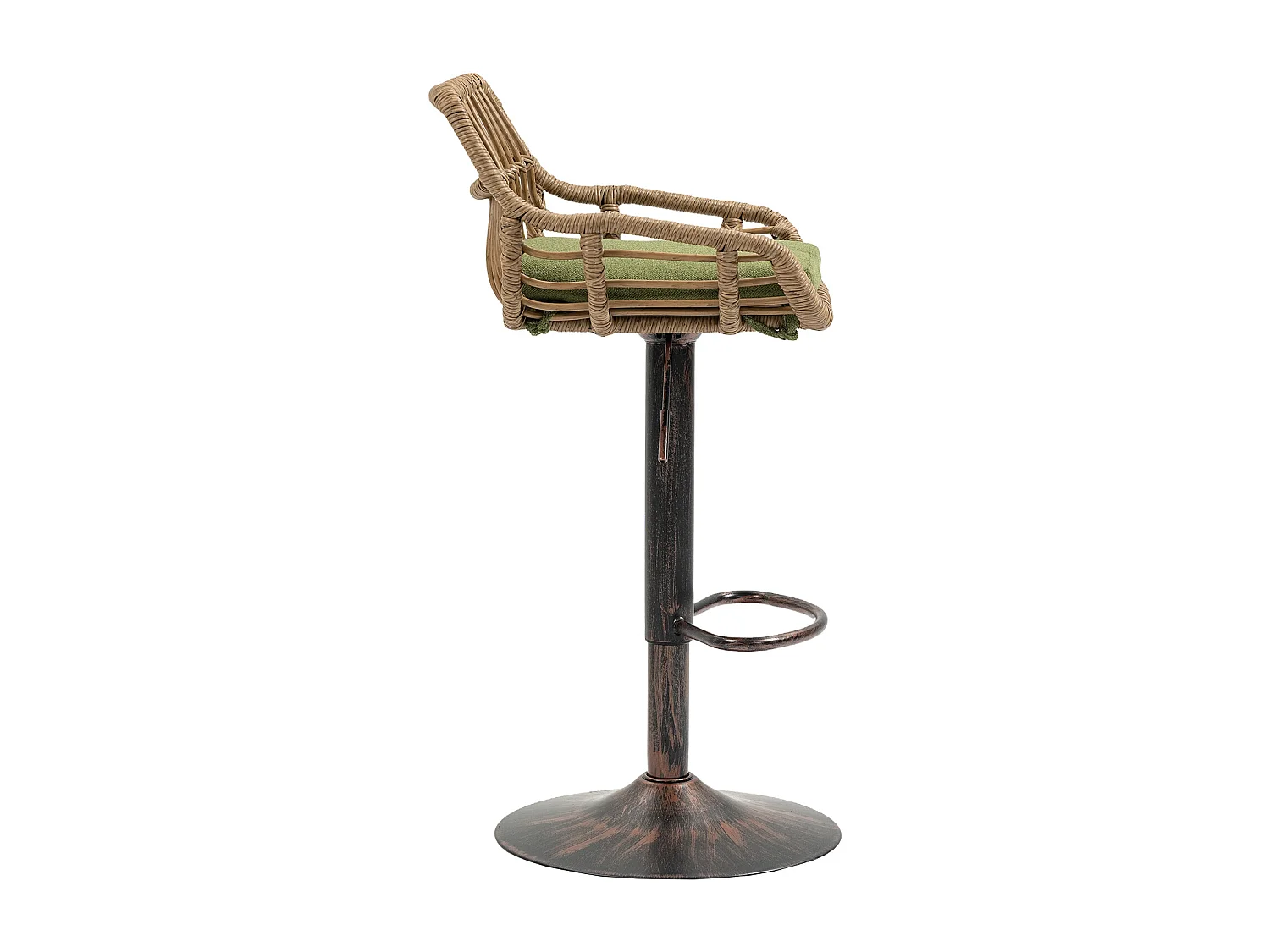 Lot de 2 tabourets réglables - Cadre en métal et dossier en rotin - Coussin vert en lin