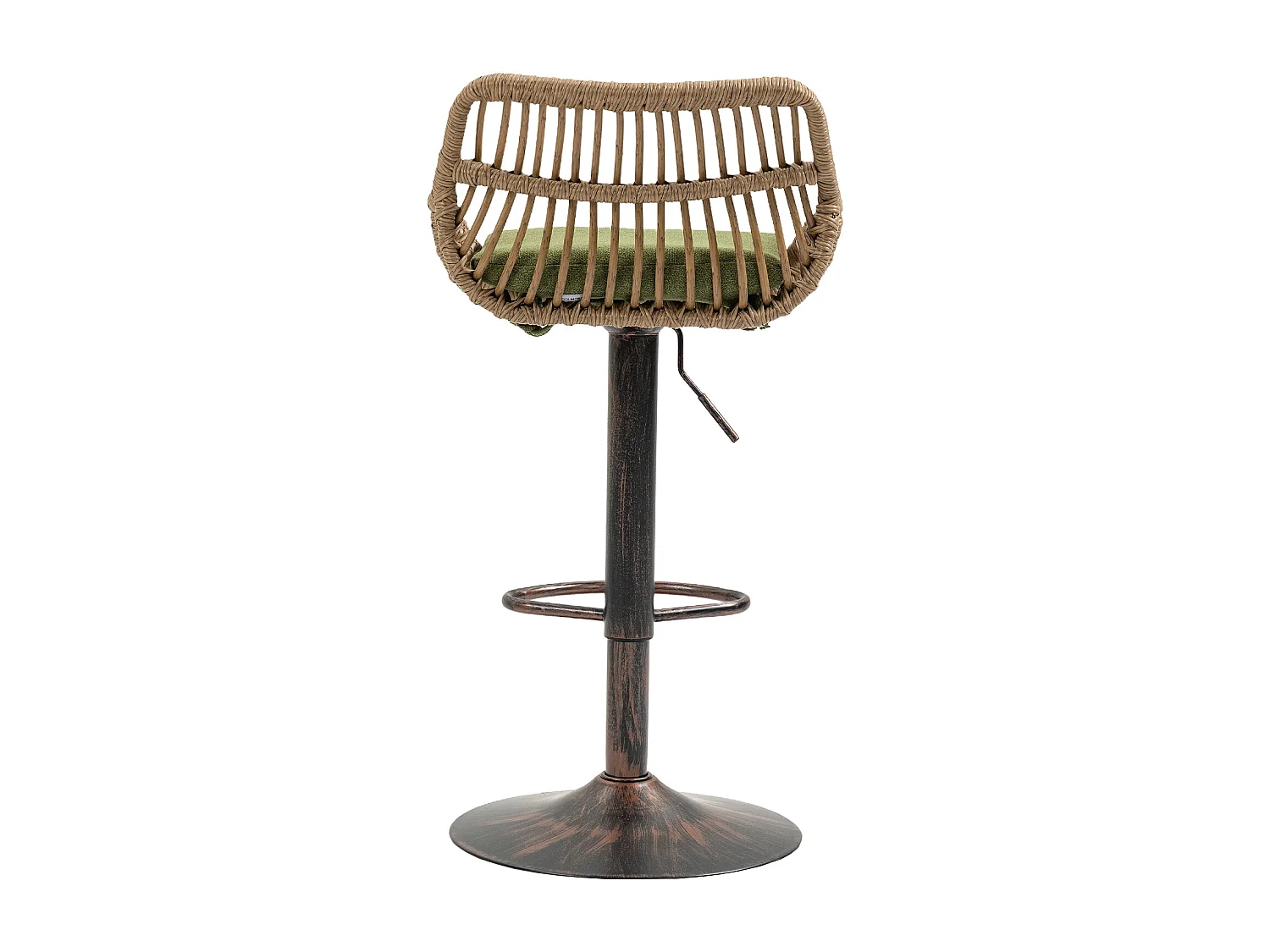 Lot de 2 tabourets réglables - Cadre en métal et dossier en rotin - Coussin vert en lin