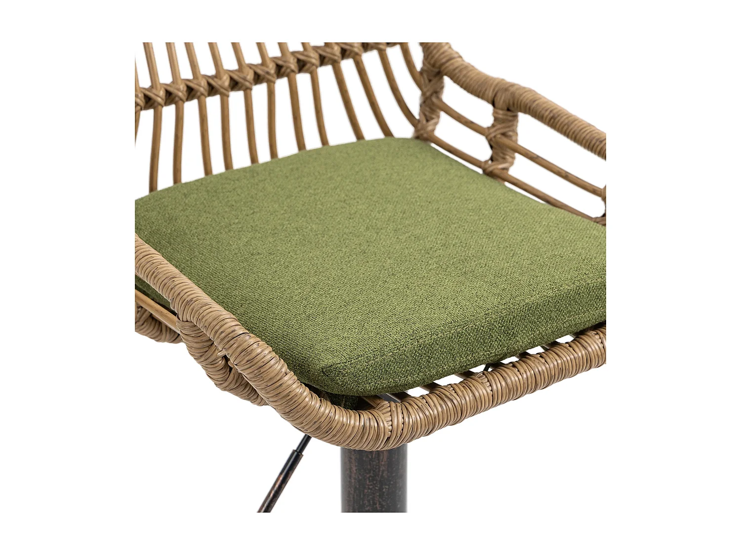 Lot de 2 tabourets réglables - Cadre en métal et dossier en rotin - Coussin vert en lin