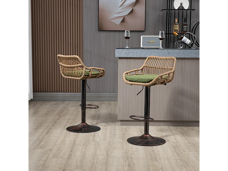 Lot de 2 tabourets réglables - Cadre en métal et dossier en rotin - Coussin vert en lin