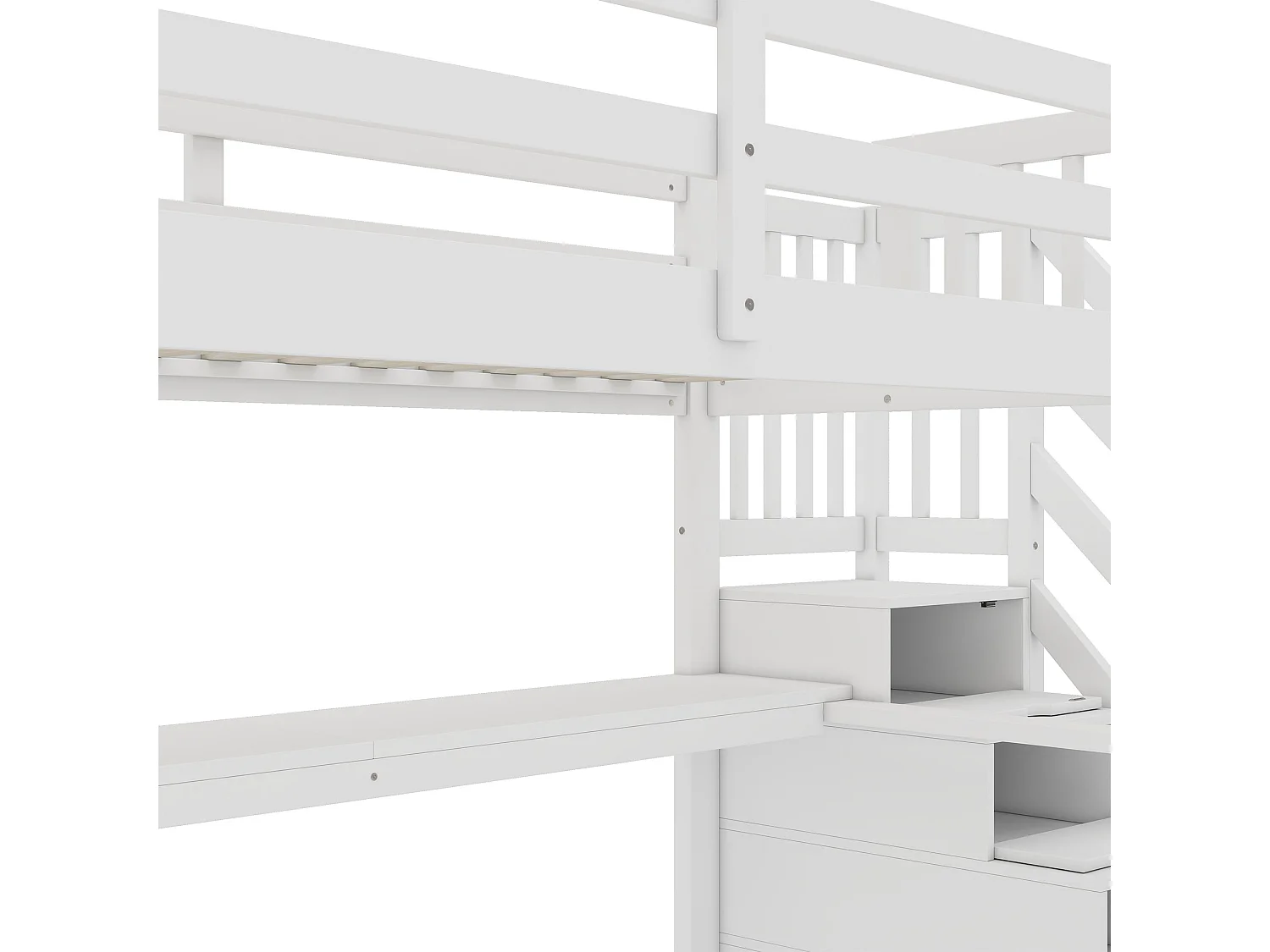 Cama alta 90 x 200 cm con escritorio y escalera de almacenaje - Pino + MDF - Blanco