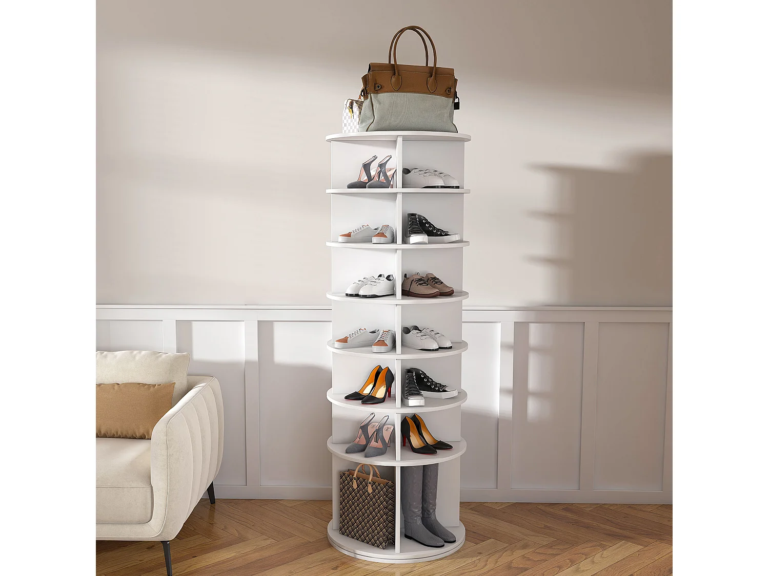 Tour à chaussures rotative avec 7 niveaux - Pour 28 paires - Blanc